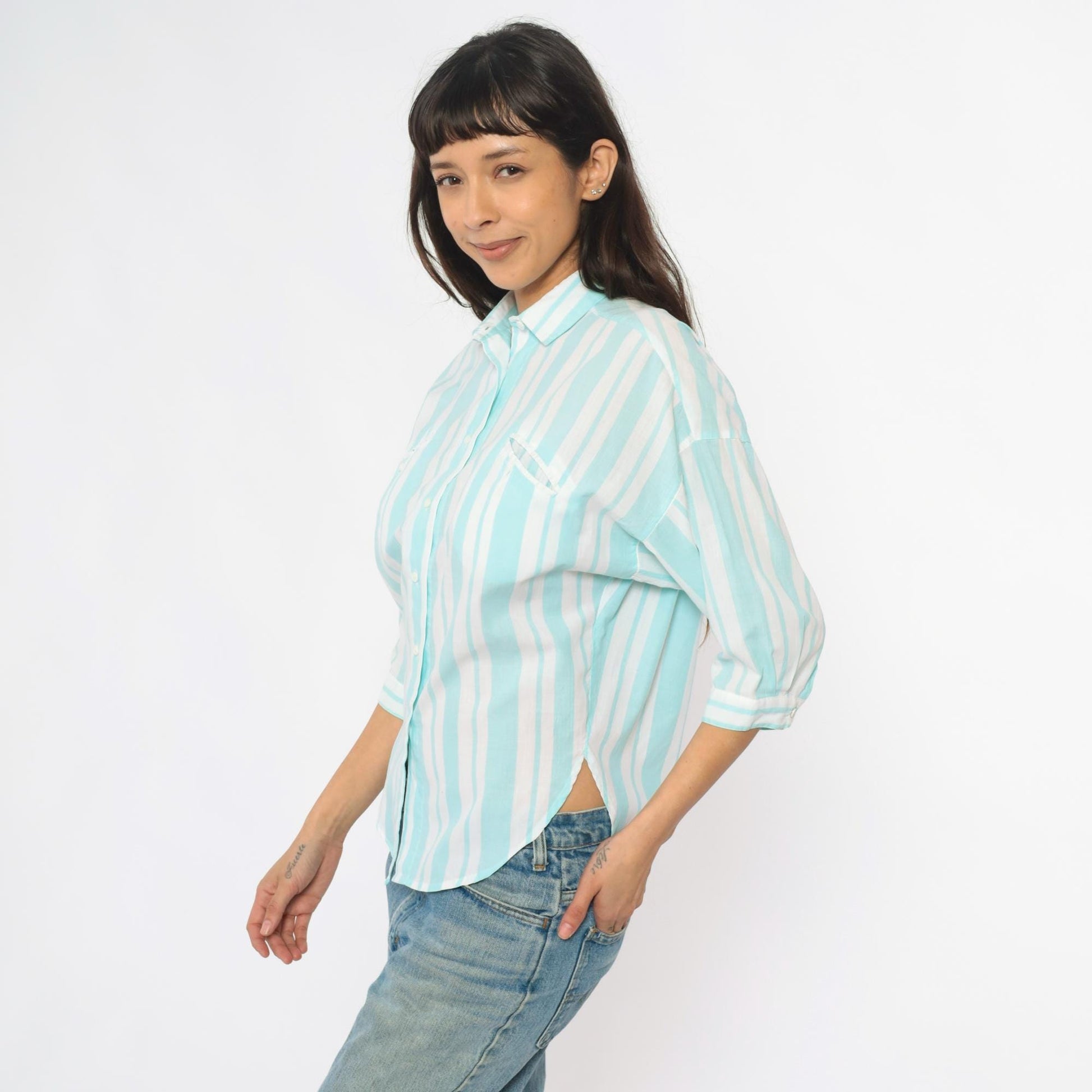 80s Diane von Furstenberg Mint Striped Button-Up Shirt Small S