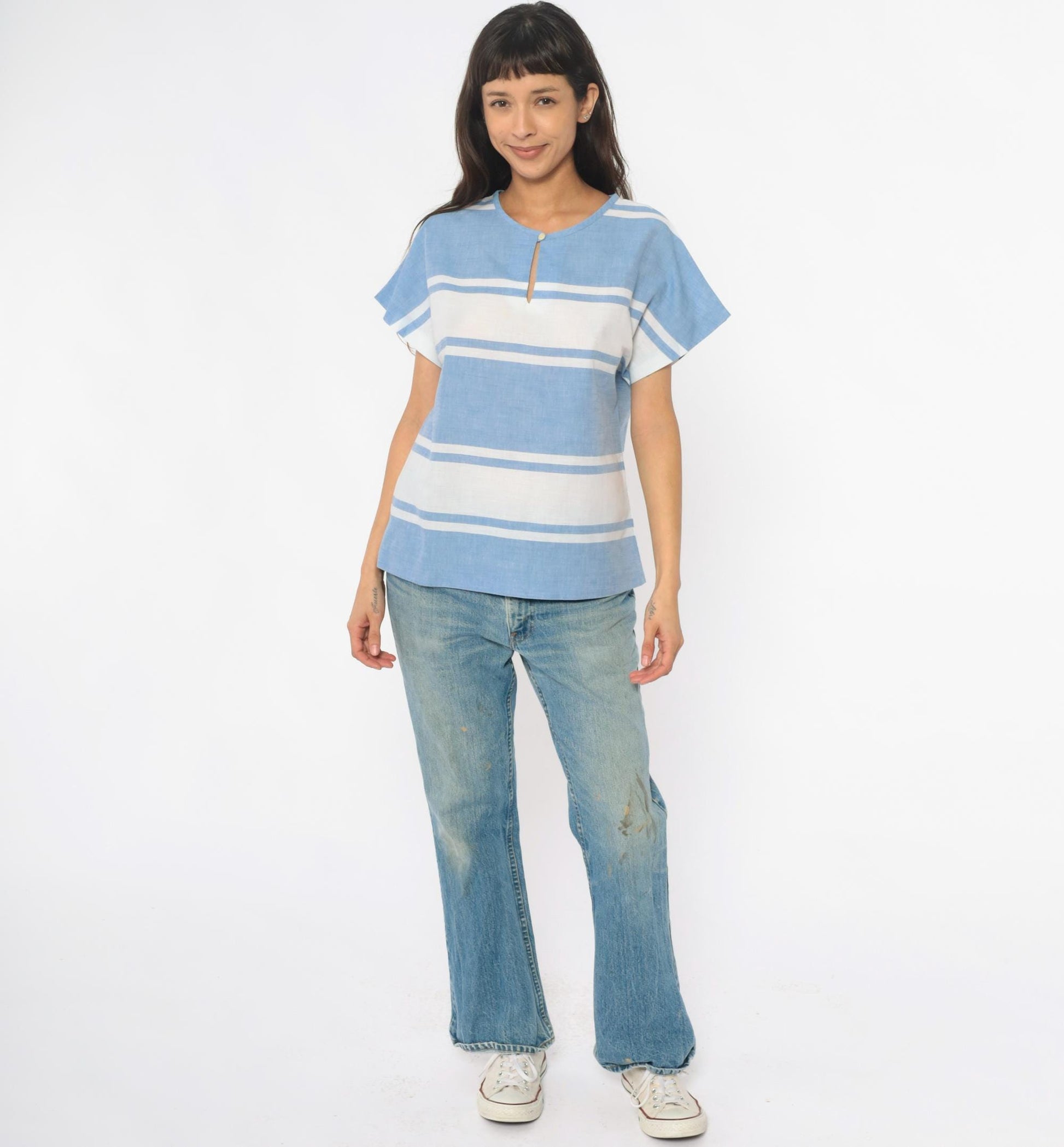80s Graff Sport Blue White Striped Top Keyhole Neckline Small S