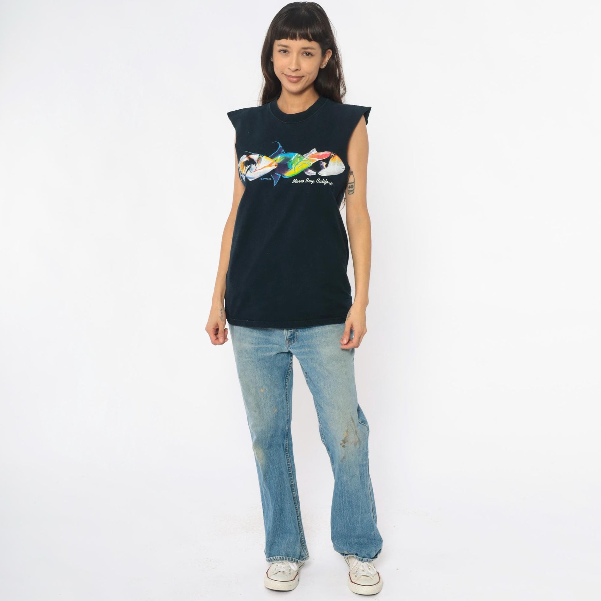 90s Fruit of the Loom Fish Tank Morro Bay Graphic Tank Top Black Cotton Medium M