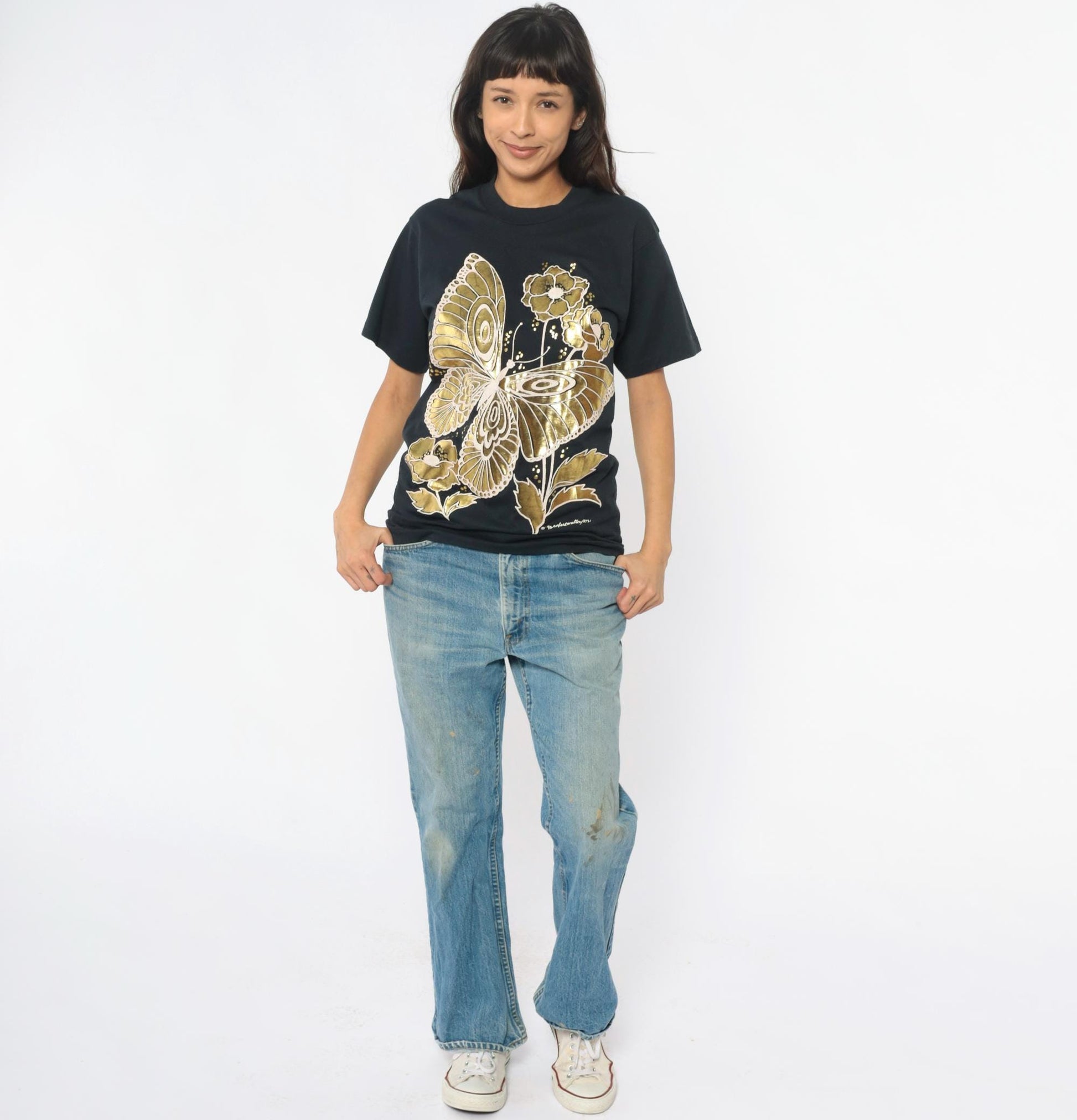 90s Gold Butterfly Floral Graphic T-Shirt Black Screen Stars Best Medium