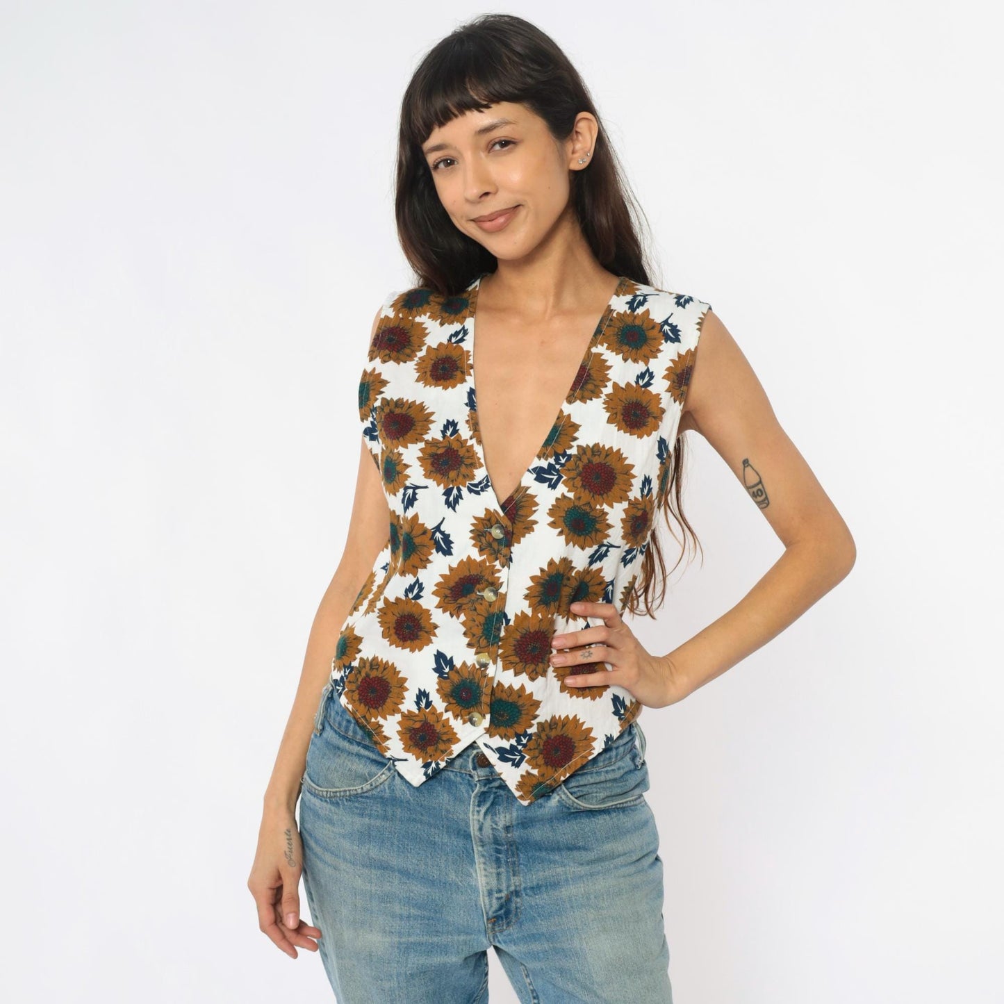 90s Carolina Colours Sunflower Floral Cotton Vest Cream Medium M
