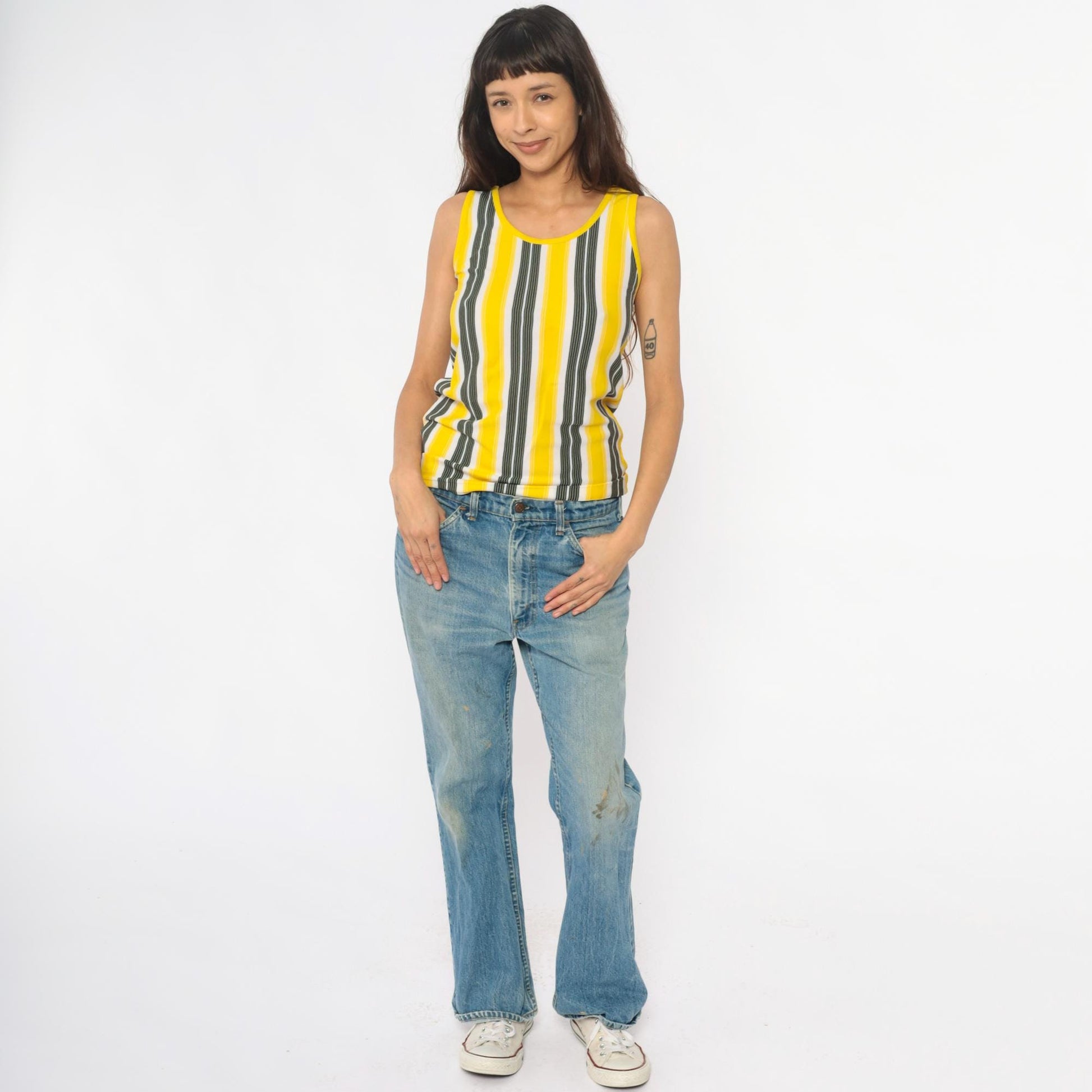 70s Yellow Black White Vertical Stripe Tank Top Scoop Neck Extra Small XS