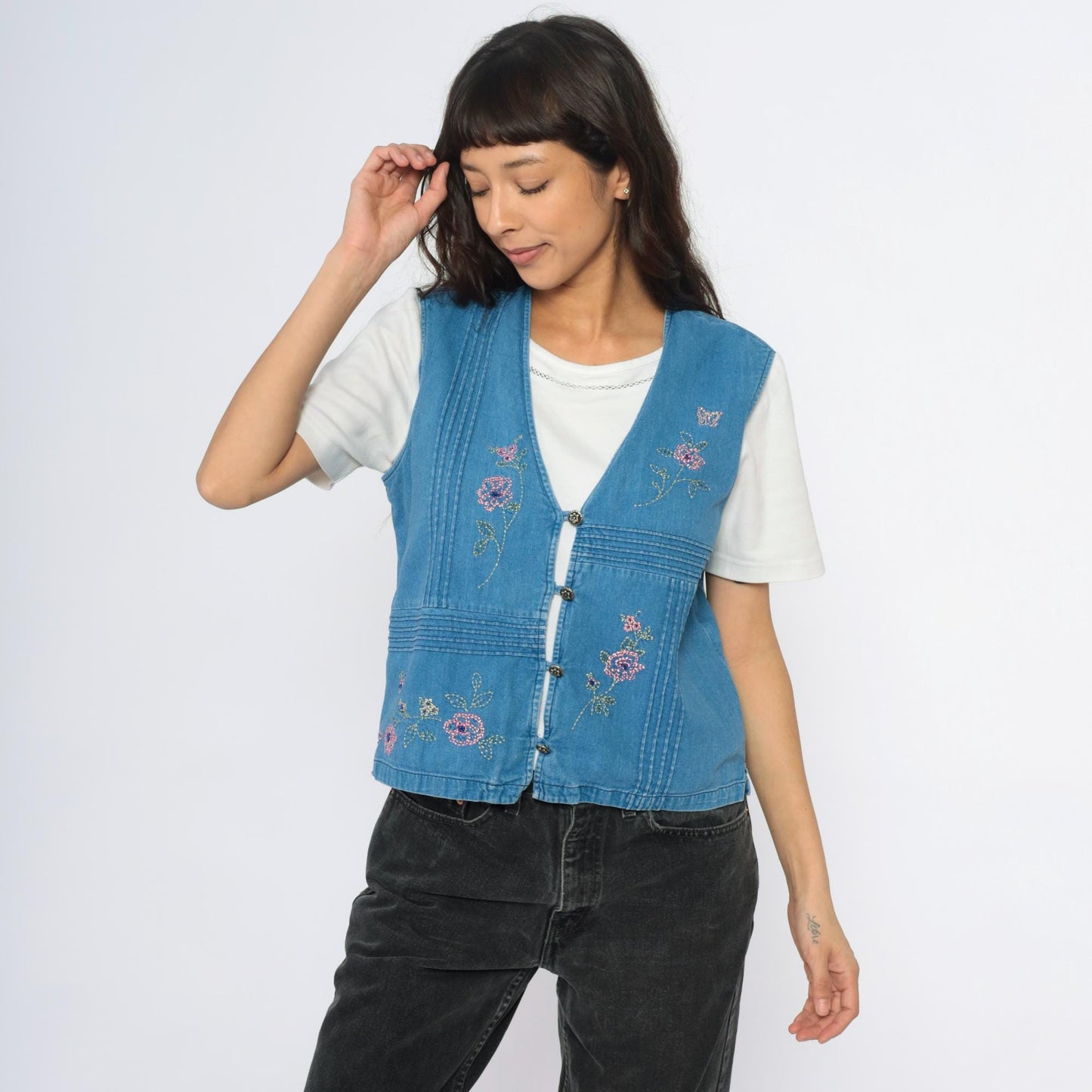 90s Blue Denim Vest Embroidered Floral Button Front Pintuck Small S