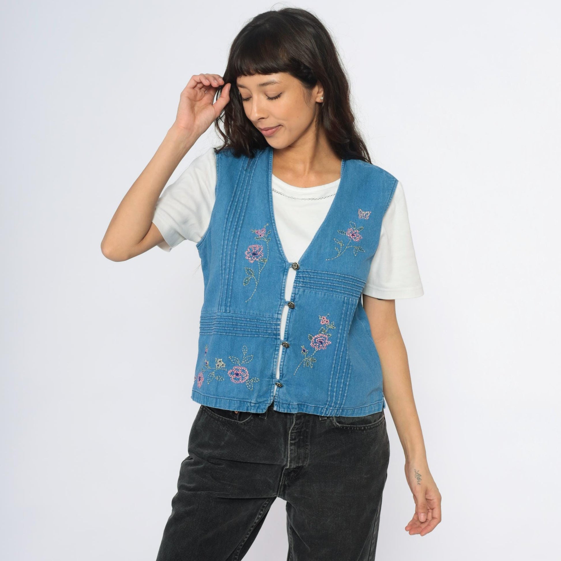 90s Blue Denim Vest Embroidered Floral Button Front Pintuck Small S