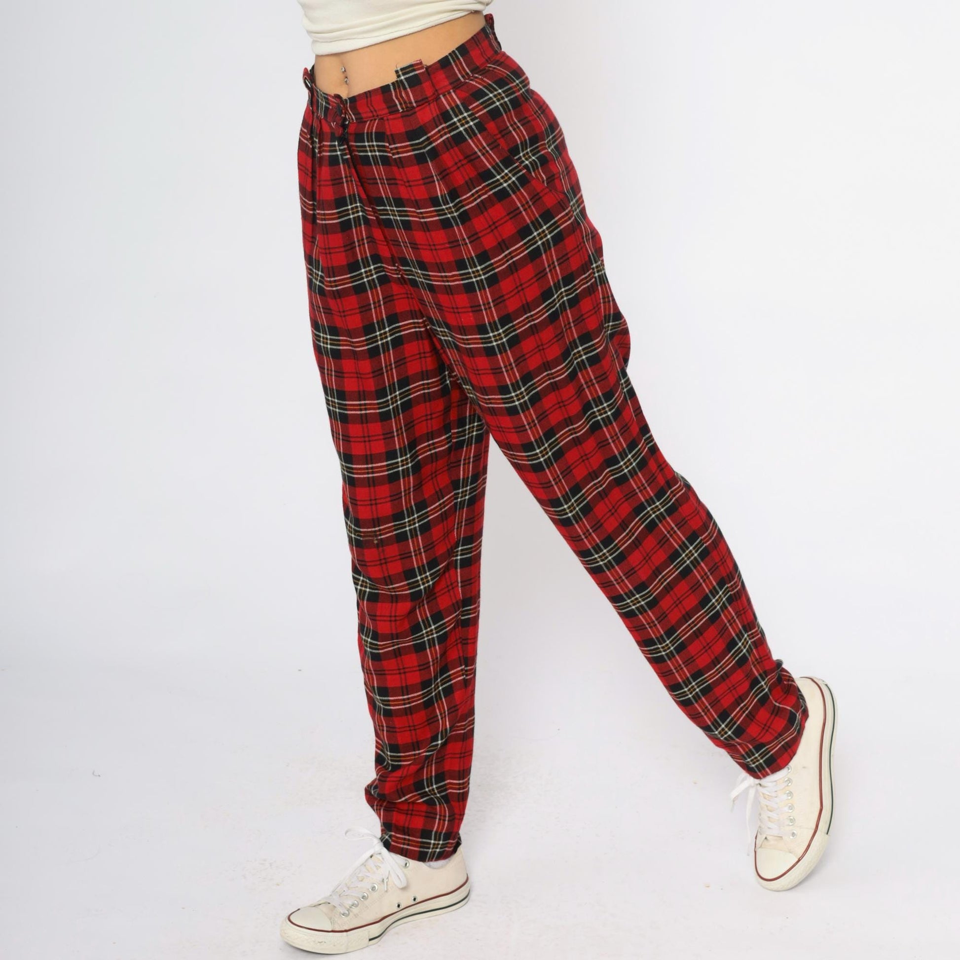 90s Chinicci Red Tartan High-Waist Pleated Trousers Medium
