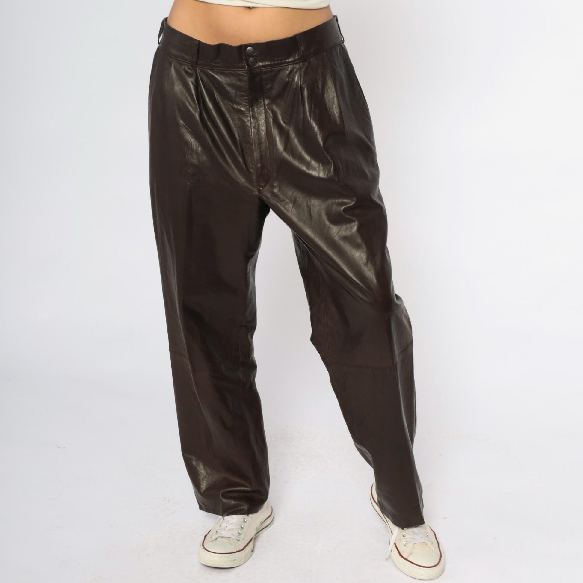 90s Sara Edan Leather Pants Brown High Rise Wide Leg Pleated 36x28