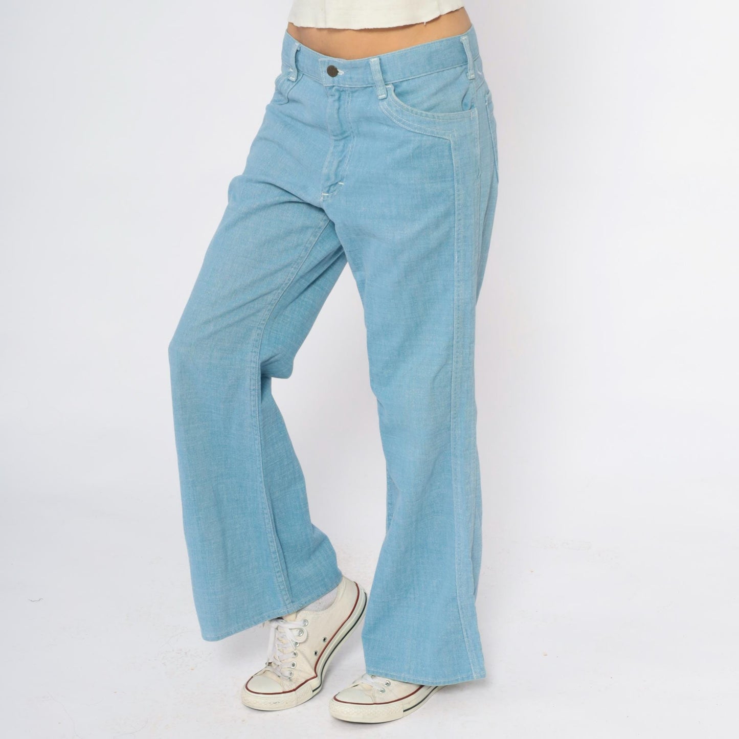 80s Lee Light Blue Flare Jeans High Rise Wide Leg Cotton Denim 33x30