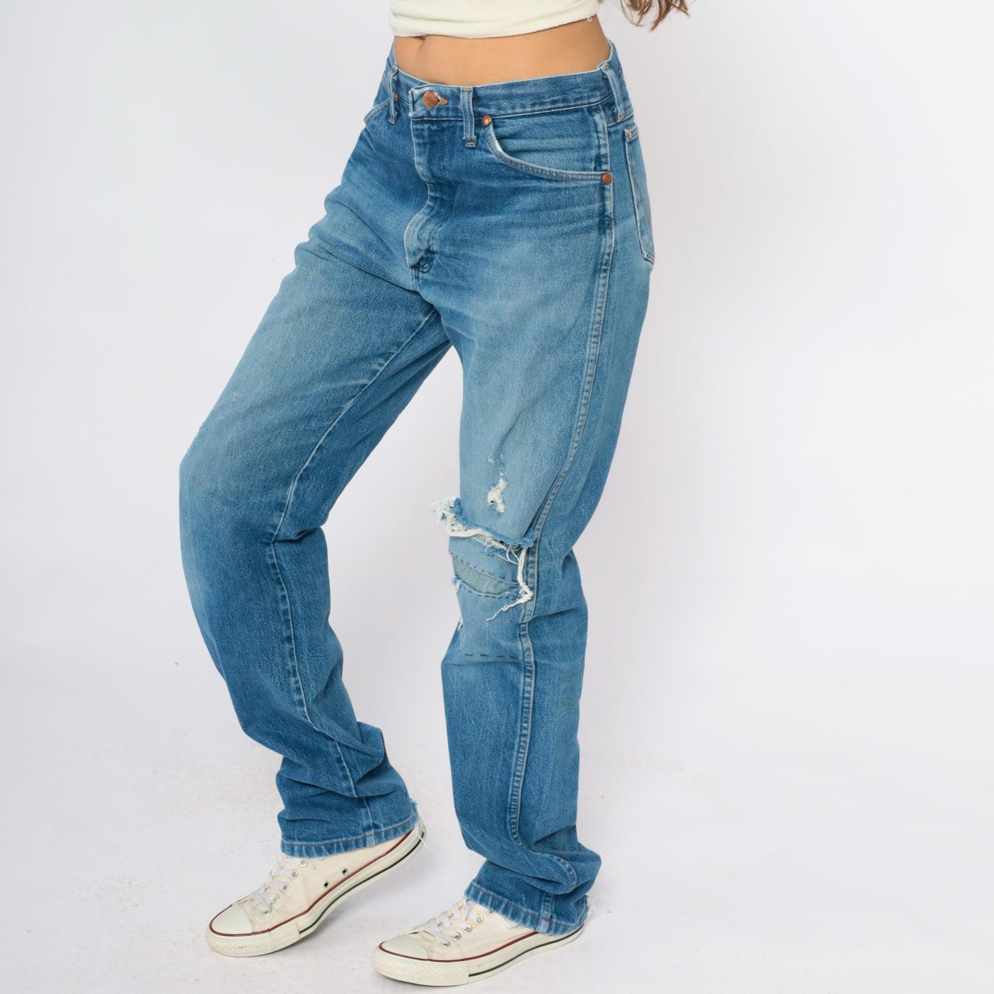 00s Wrangler Distressed Jeans Light Blue Denim Straight Leg Mens 33 Waist
