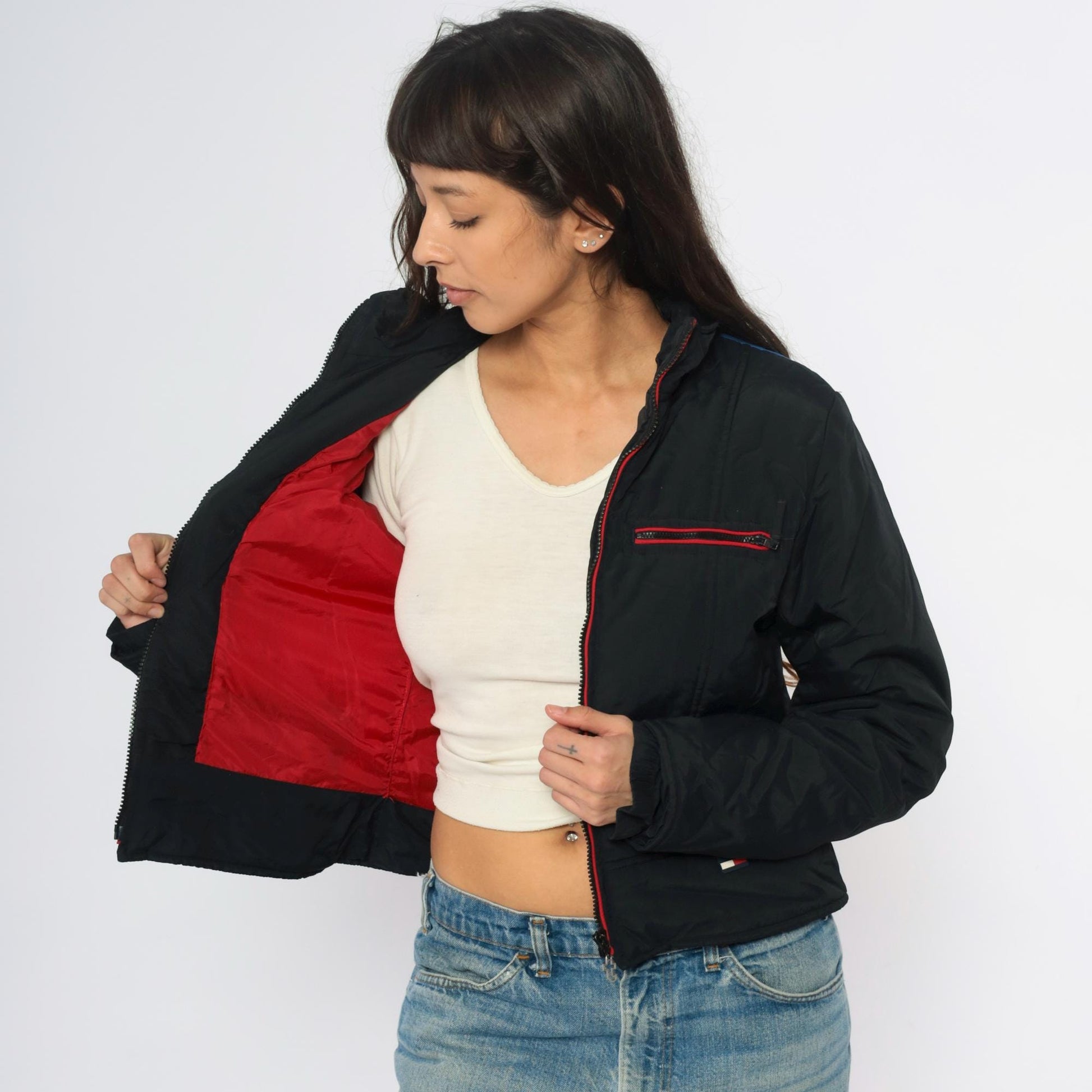 Y2K Tommy Jeans Rainbow Stripe Puffer Jacket Black Cropped Bomber Extra Small XS