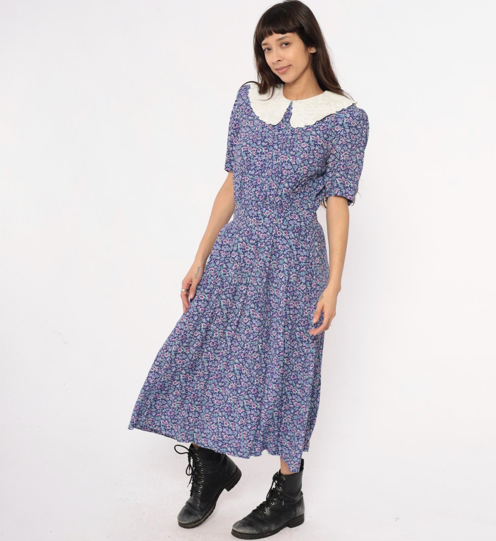 90s Karin Stevens Floral Maxi Dress Peter Pan Collar Purple Medium