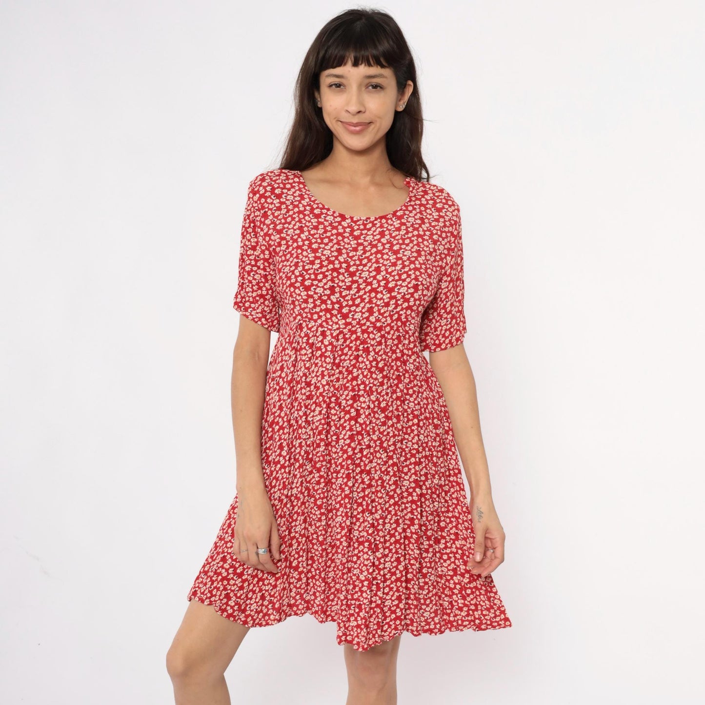 90s Red Daisy Mini Dress Rayon A-Line Scoop Neck Short Sleeve Medium M