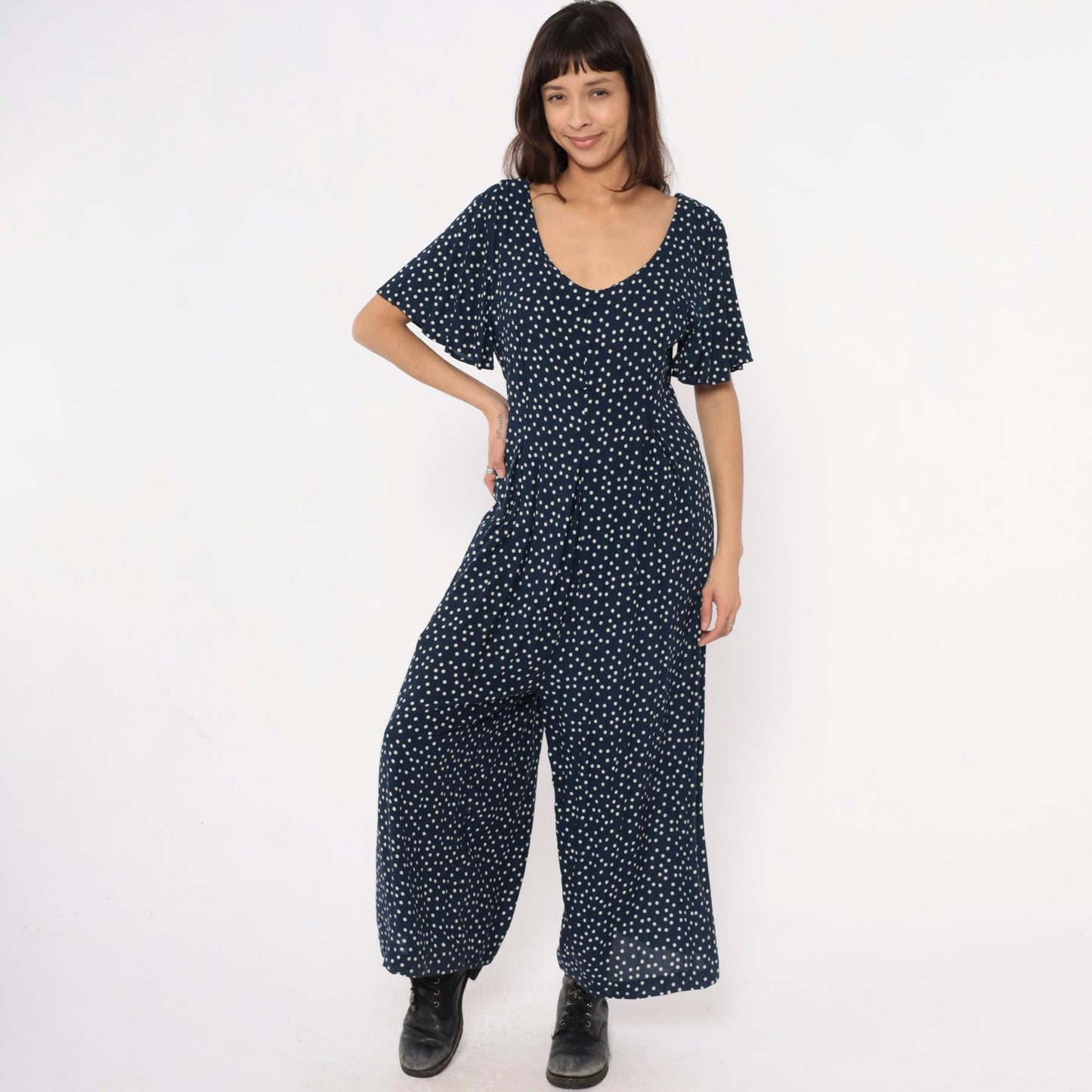 90s Navy Polka Dot Jumpsuit Wide Leg Rayon V-Neck Flutter Sleeve Large L