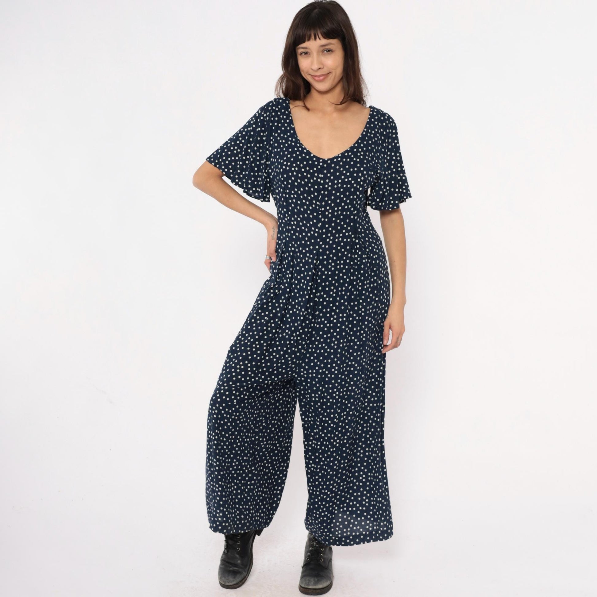 90s Navy Polka Dot Jumpsuit Wide Leg Rayon V-Neck Flutter Sleeve Large L