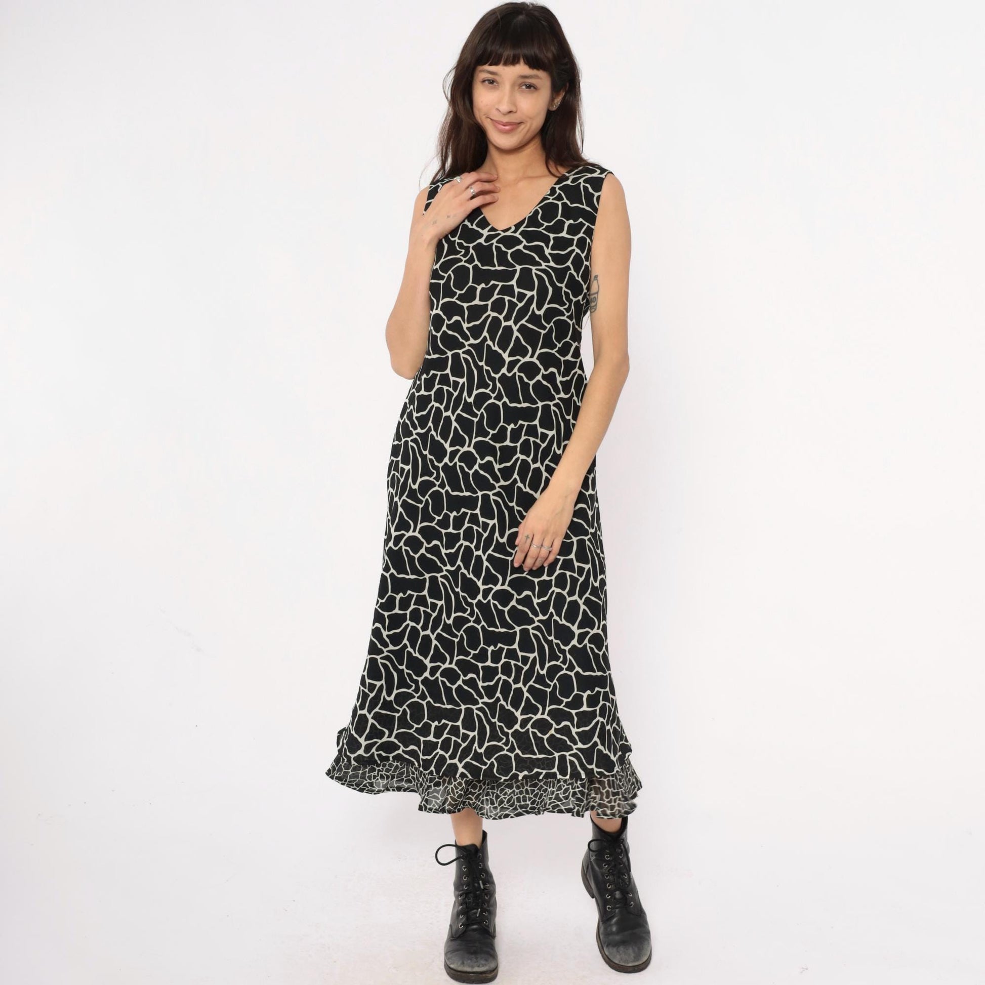 90s Jessica Howard Giraffe Print Maxi Dress Black White Sleeveless Medium