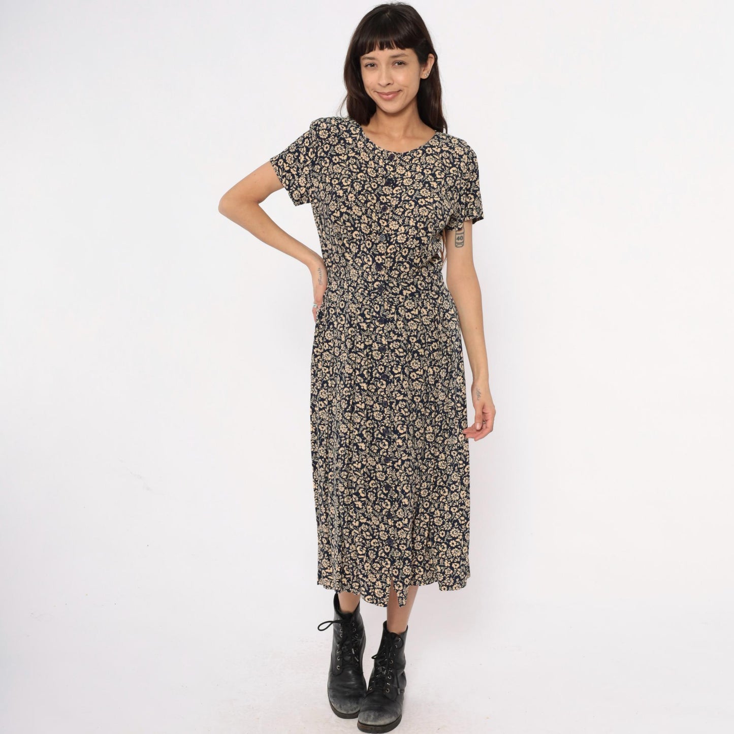 90s Liz Claiborne Floral Midi Dress Navy Cream Short Sleeve Medium
