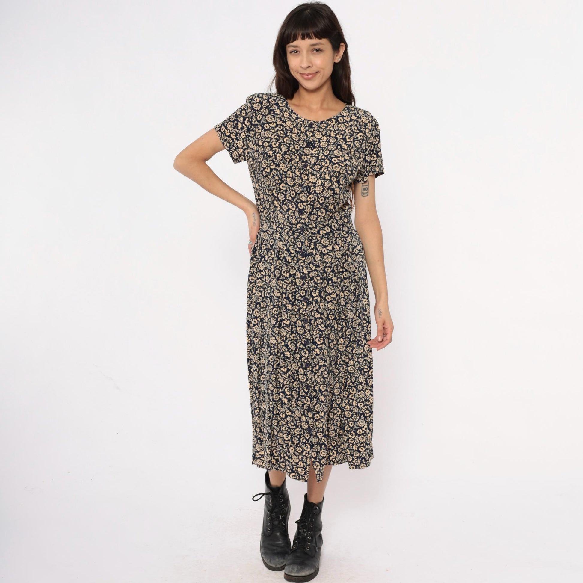 90s Liz Claiborne Floral Midi Dress Navy Cream Short Sleeve Medium