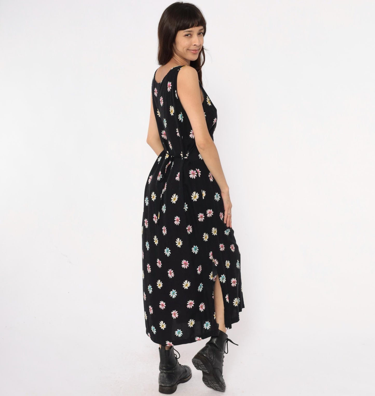 90s Daisy Print Maxi Dress Black Sleeveless Scoop Neck Large L