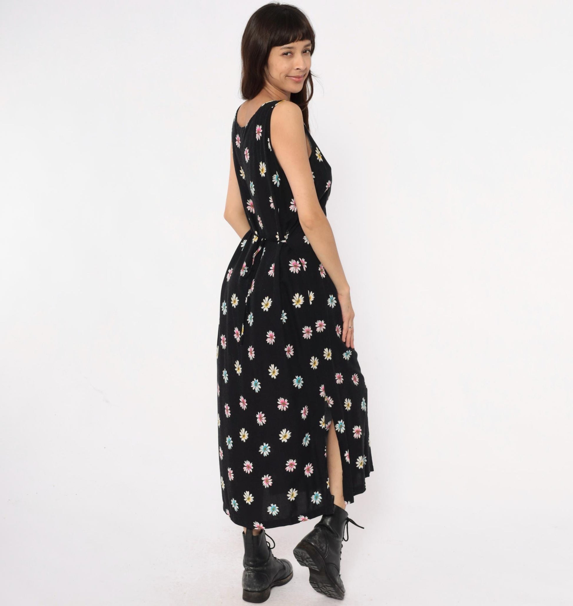 90s Daisy Print Maxi Dress Black Sleeveless Scoop Neck Large L