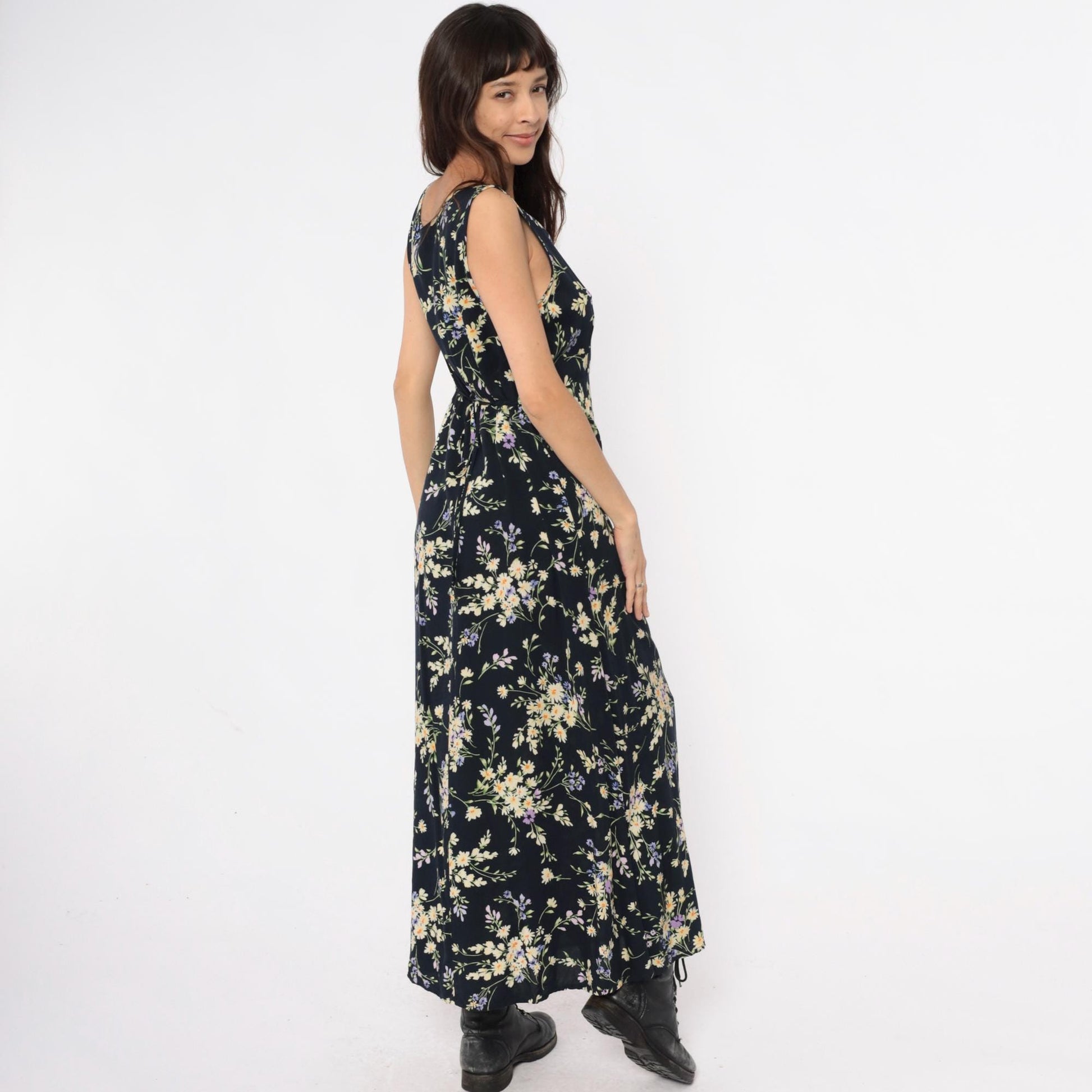 90s California Concepts Floral Maxi Dress Black Yellow Purple Daisy Sleeveless Large