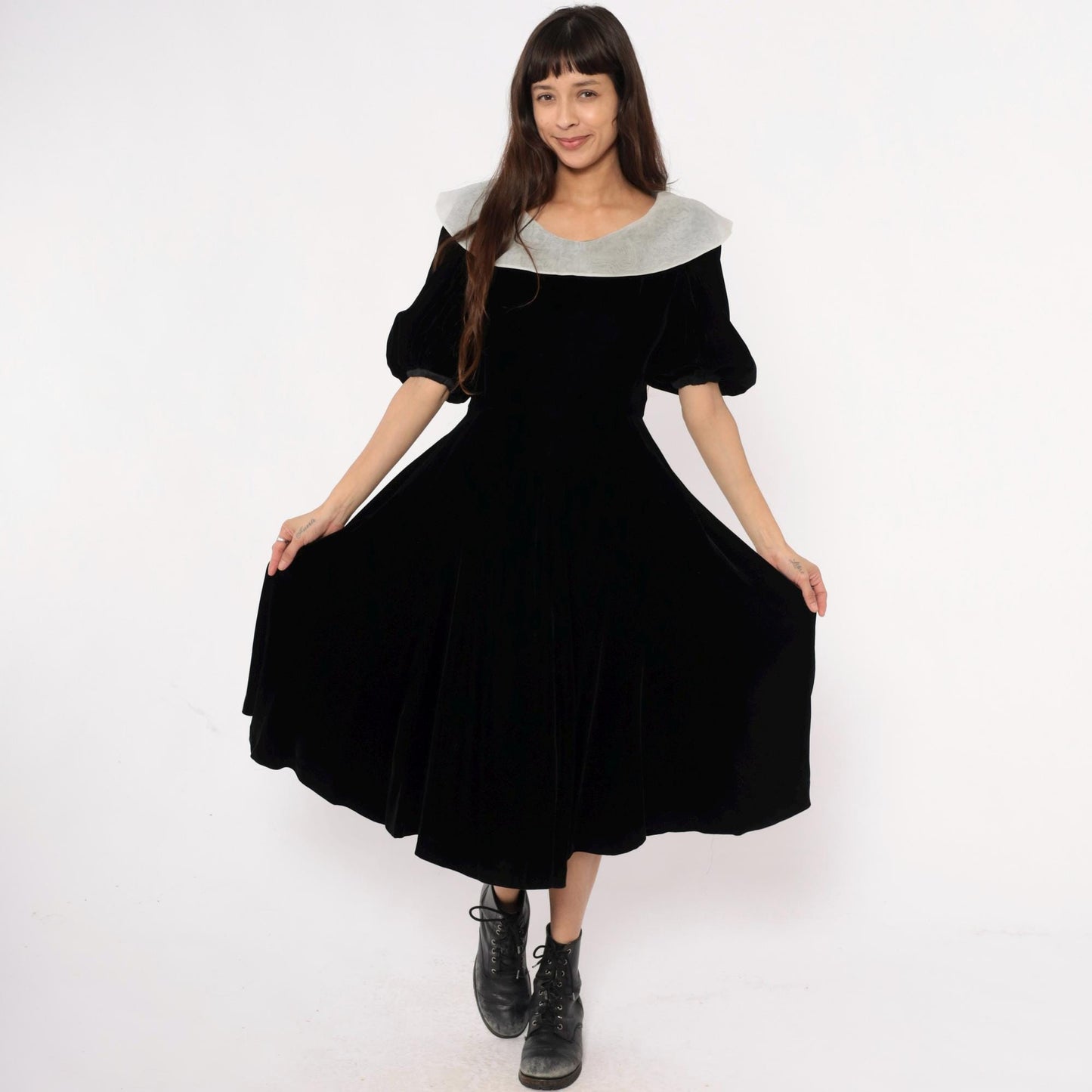 Y2K Yuki Torii Black Velvet Midi Dress White Peter Pan Collar Medium M