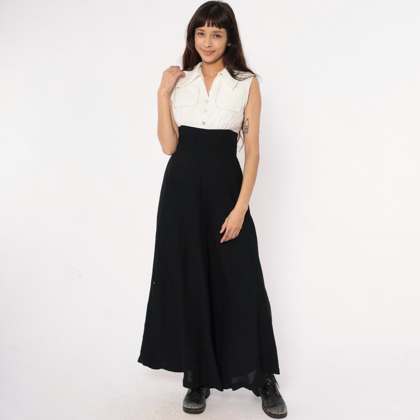 90s Black Cream Colorblock Sleeveless Jumpsuit Rhinestone High Waist Small
