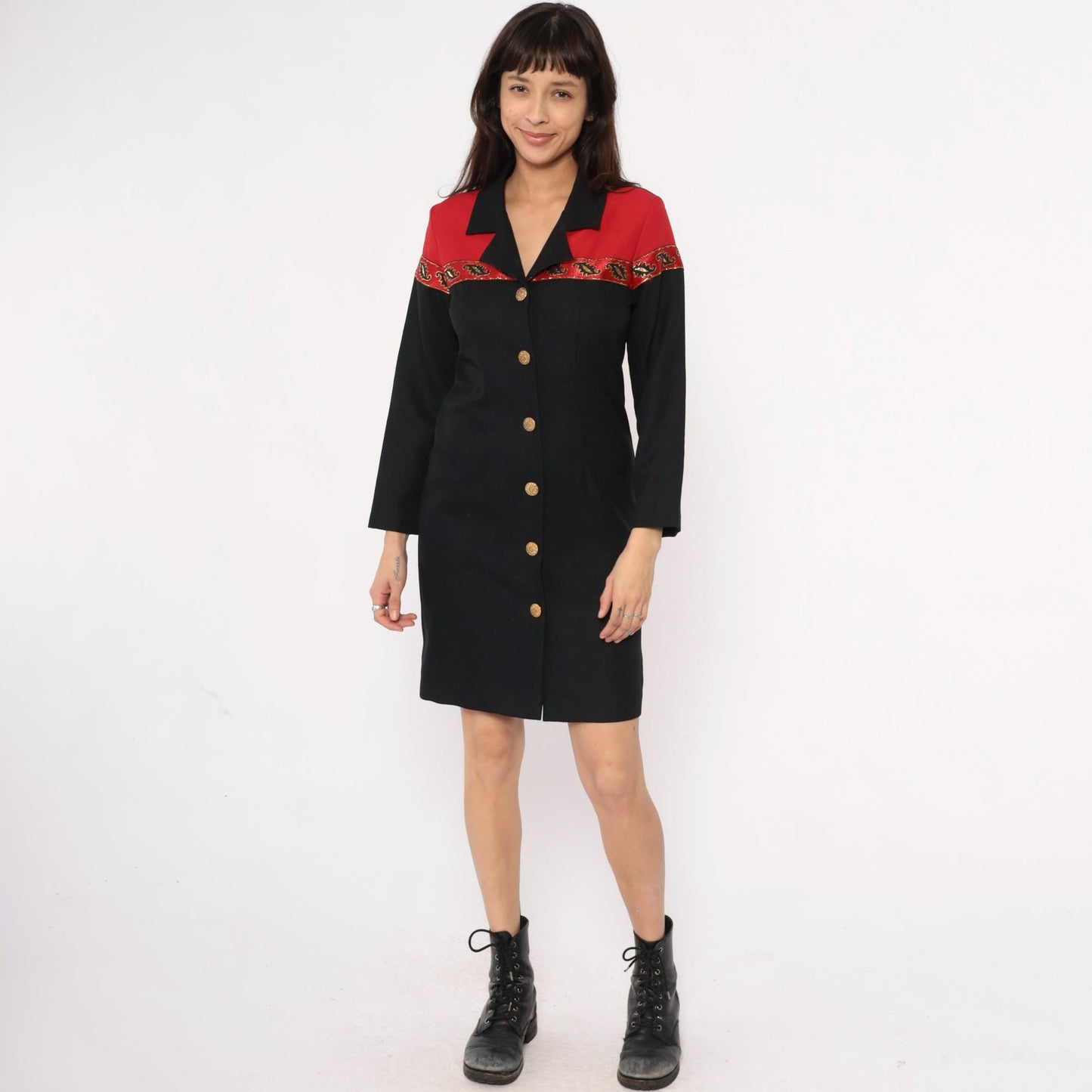 90s Willow Ridge Western Dress Black Red Color Block Gold Embroidered Small