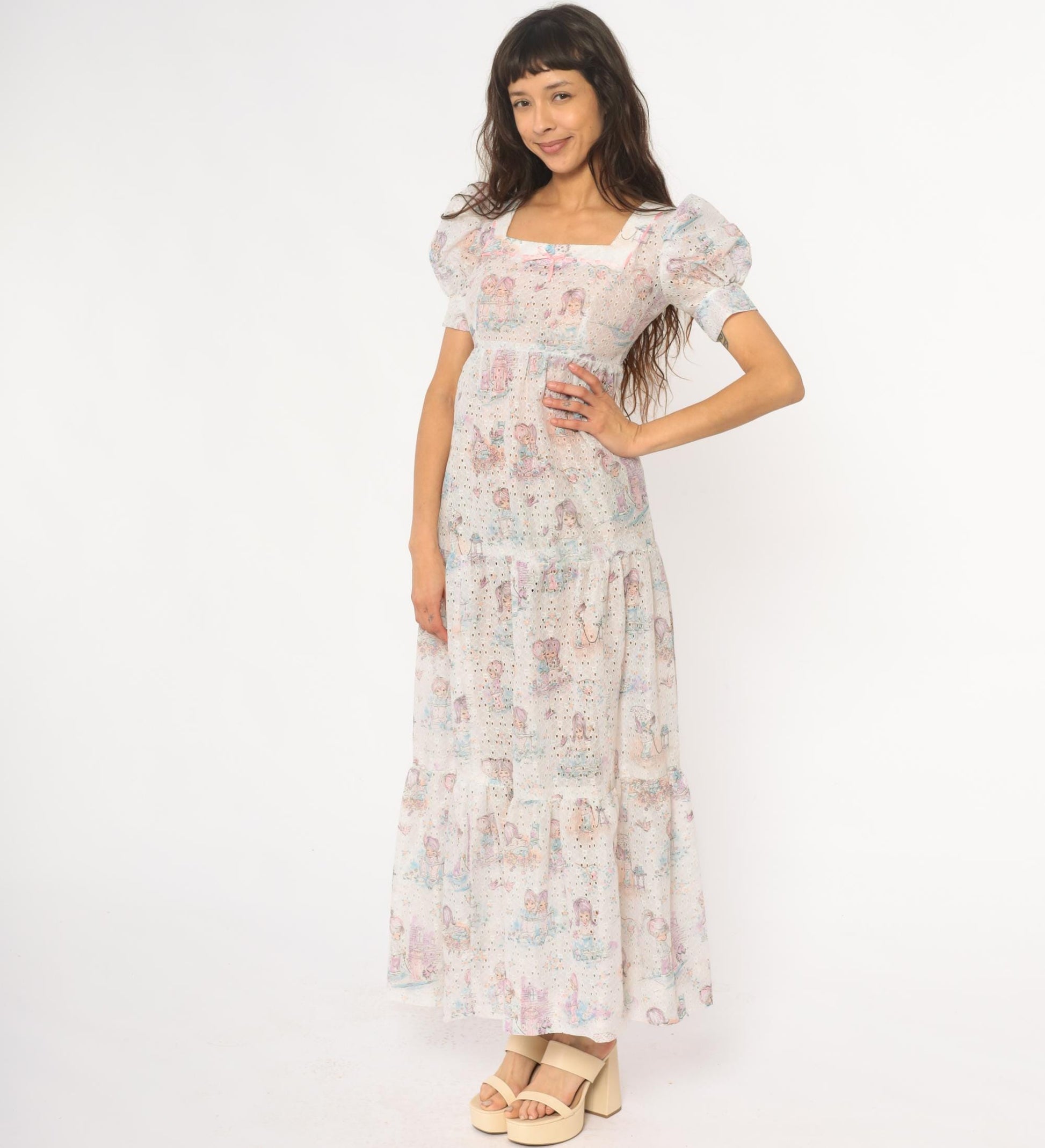70s White Eyelet Maxi Dress Kawaii Children Print Puff Sleeve Small