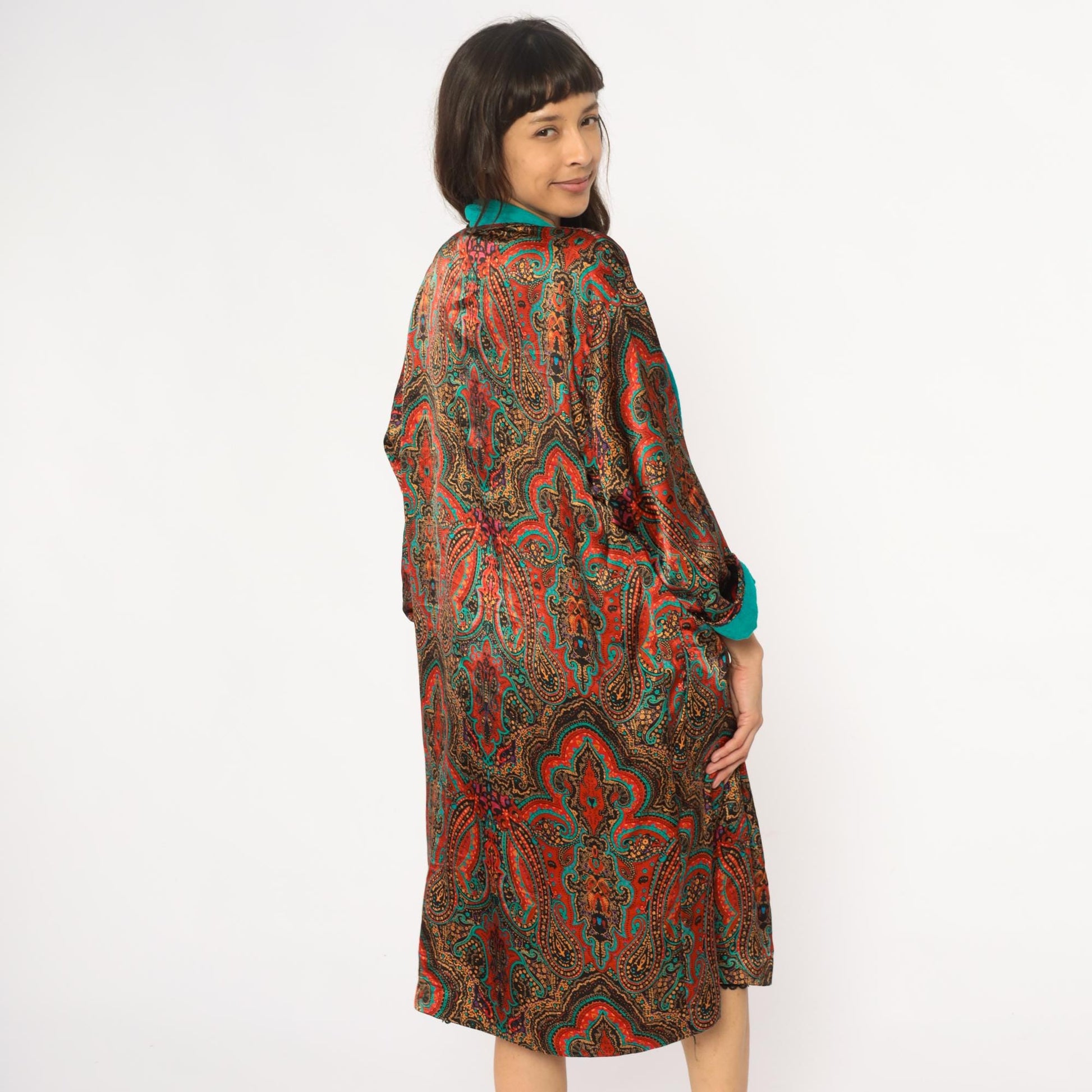 80s Paisley Terrycloth Robe Turquoise Orange Black Lace Trim Knee Length Large