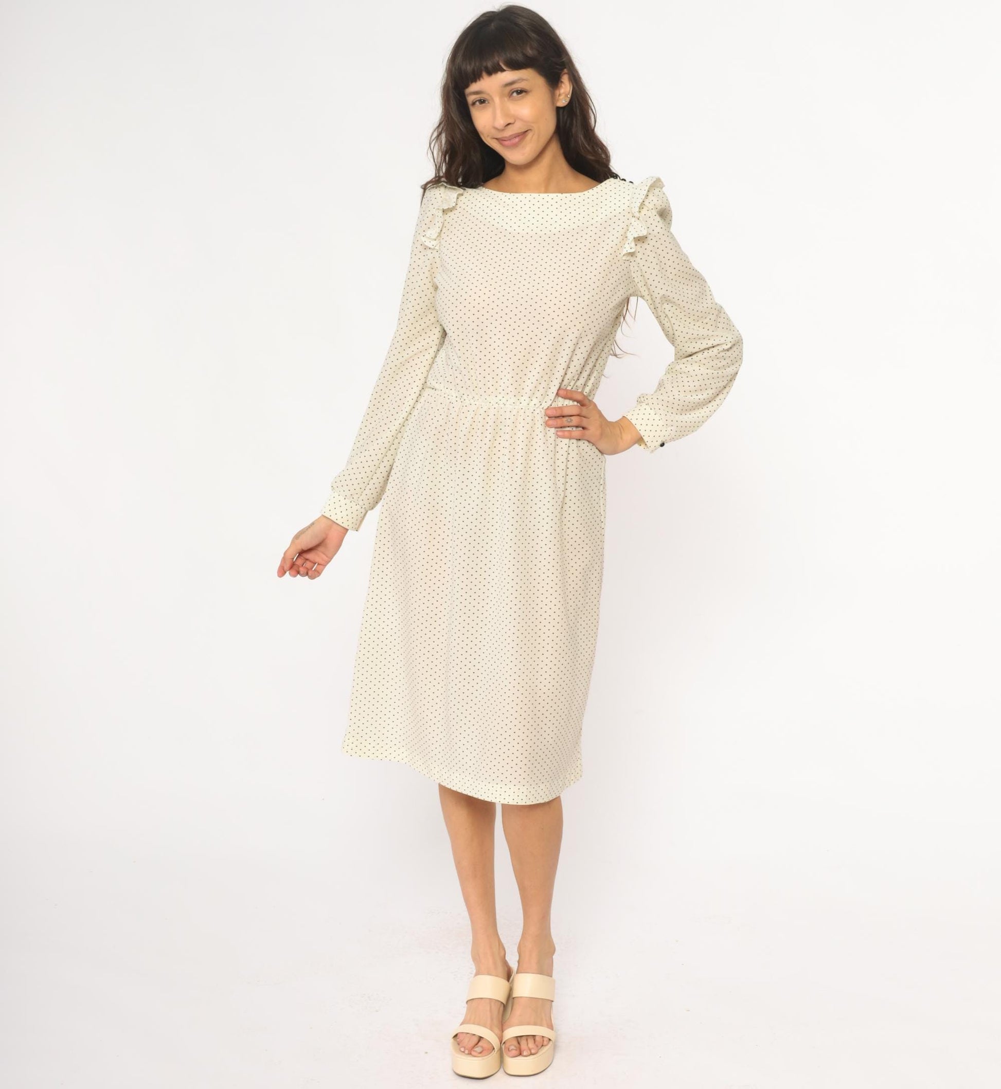 80s Ivory Polka Dot Midi Dress Ruffled Collar Long Sleeve Medium M