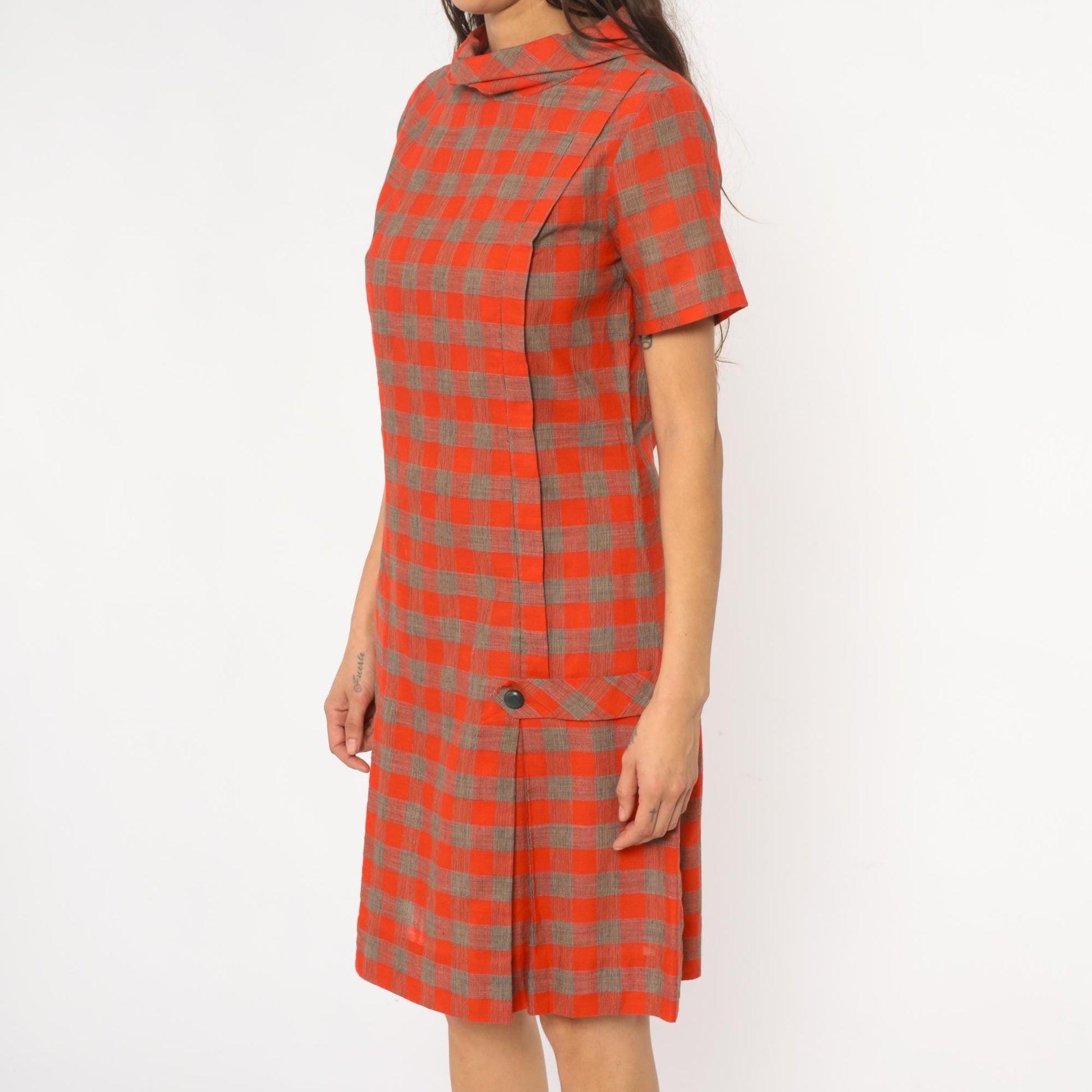 60s Orange Brown Plaid Shift Dress Drop Waist Pointed Collar Small