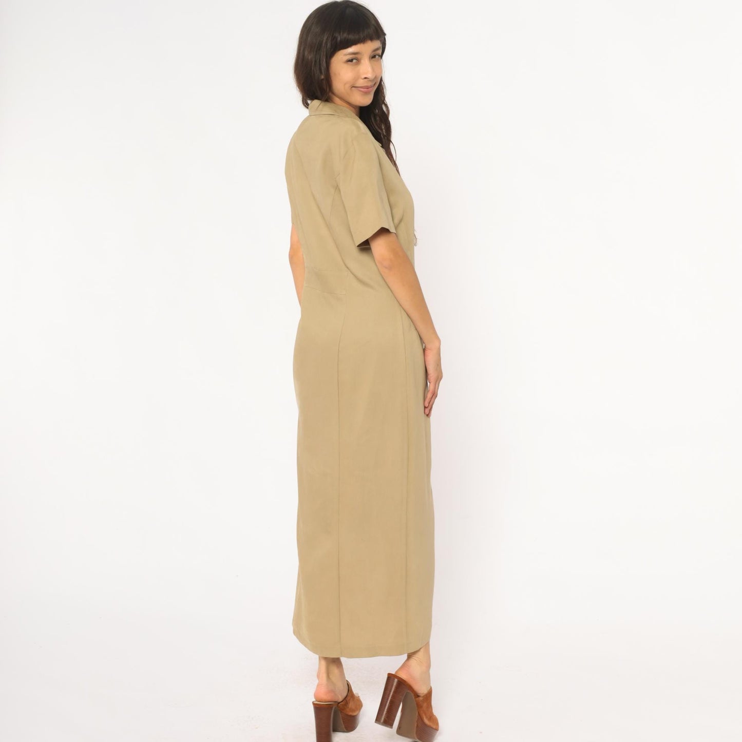 90s Jessica Howard Tan Maxi Shirt Dress Collared Button Front Medium