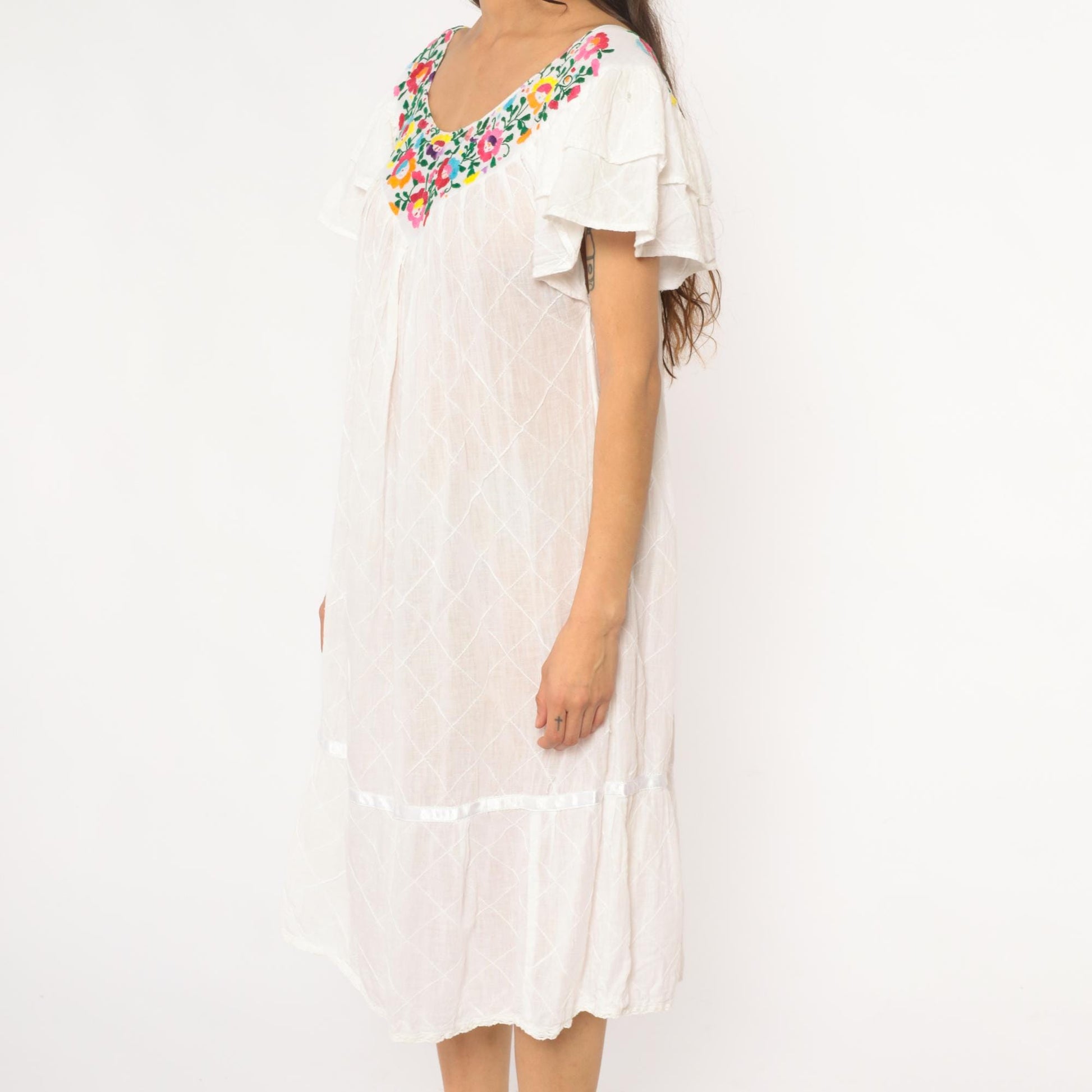 80s Mexican Embroidered White Cotton Midi Dress Floral Flutter Sleeve Small