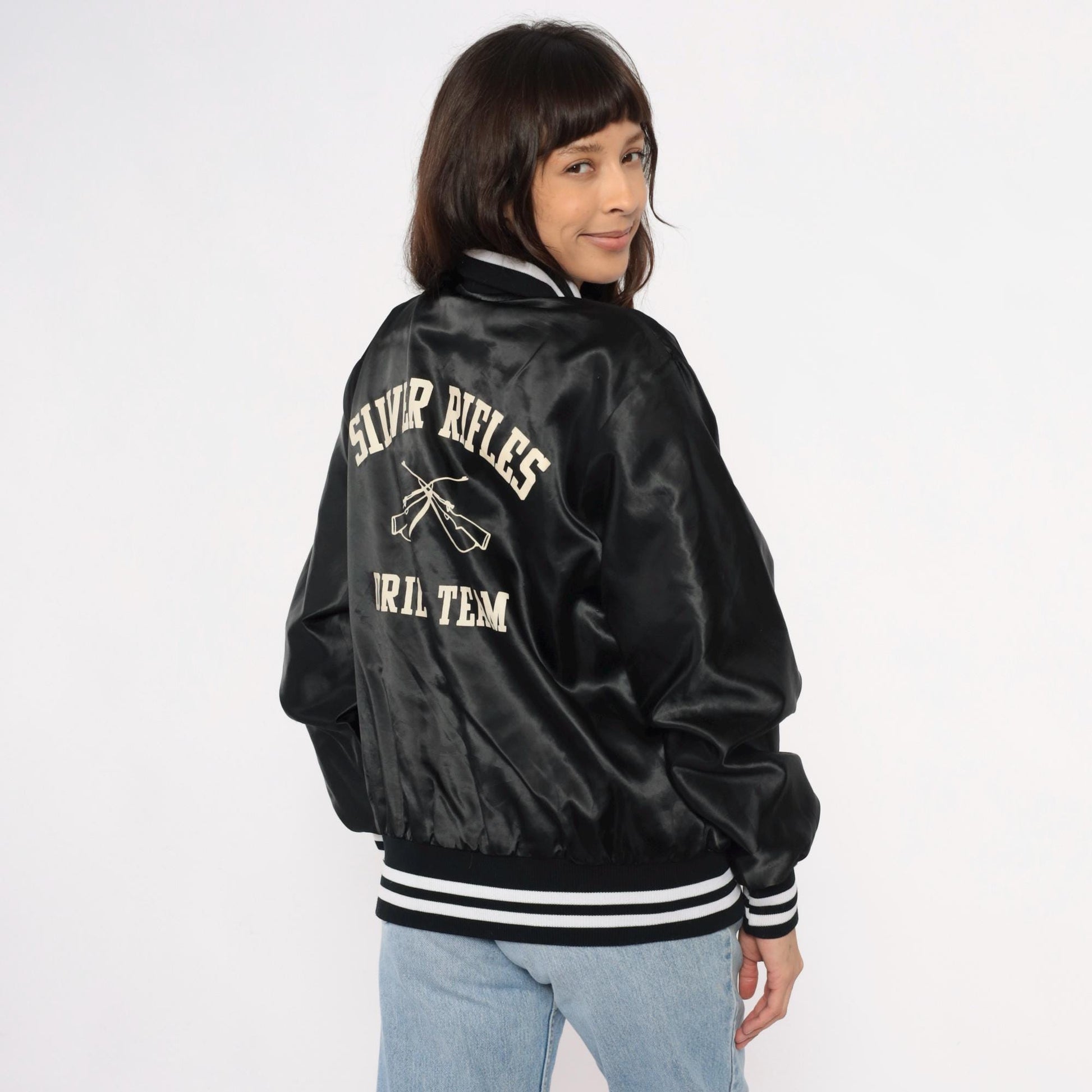 80s Black Satin Varsity Jacket Silver Rifles Drill Team Embroidered Medium