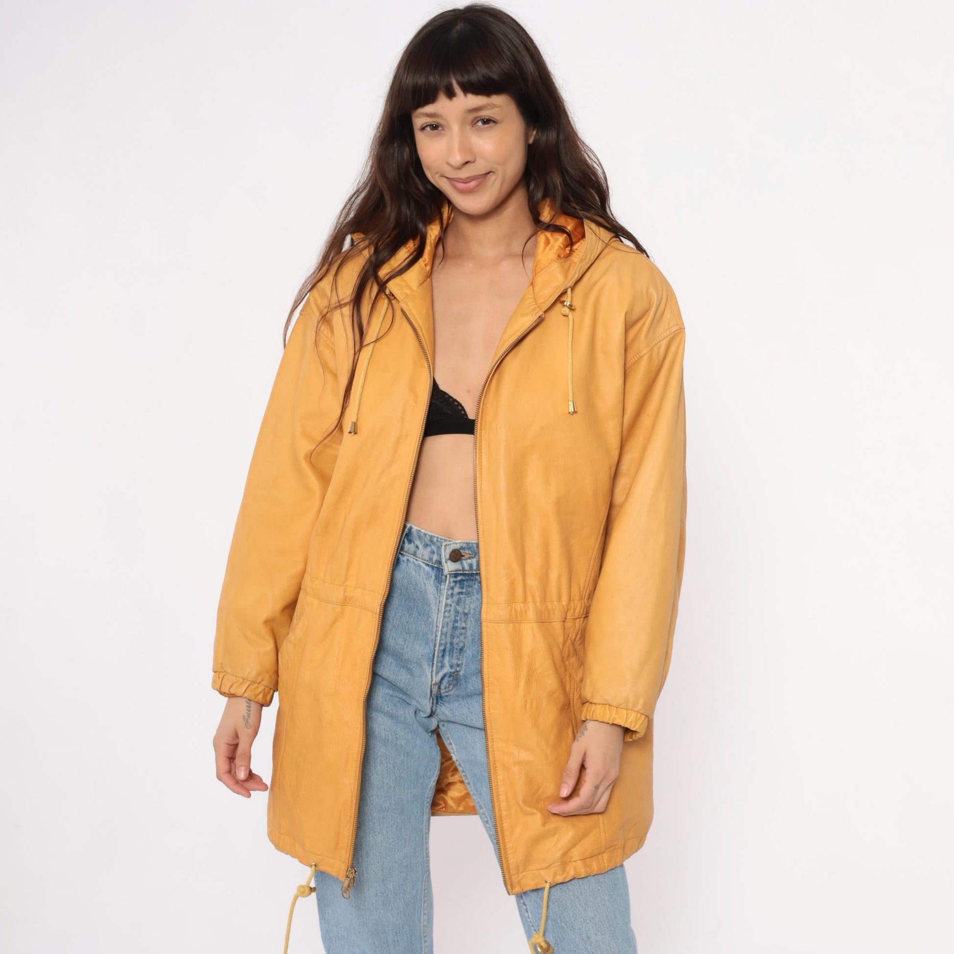 90s Wilsons Leather Hooded Jacket Mustard Yellow Zip Parka Medium M