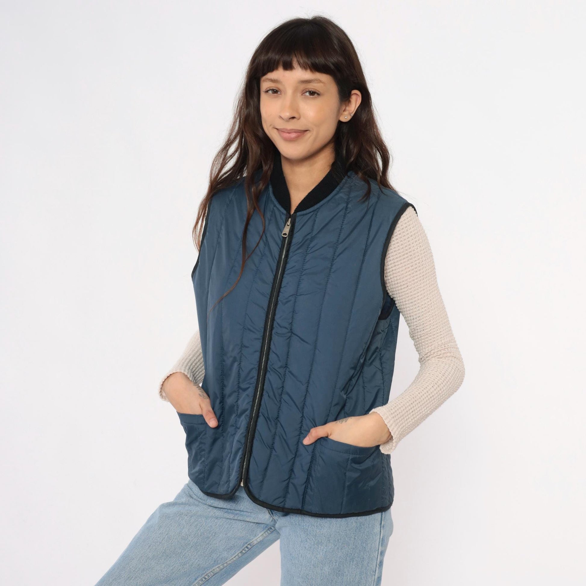 80s Sears Navy Quilted Vest Zip Front Puffer Sleeveless Medium