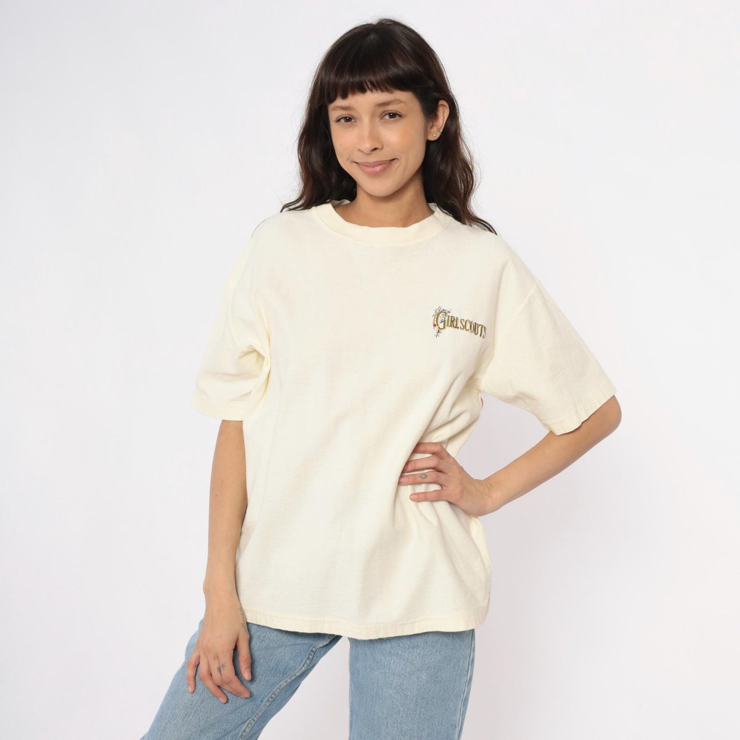 90s Girl Scouts Embroidered Logo Cotton Tee Cream Large L