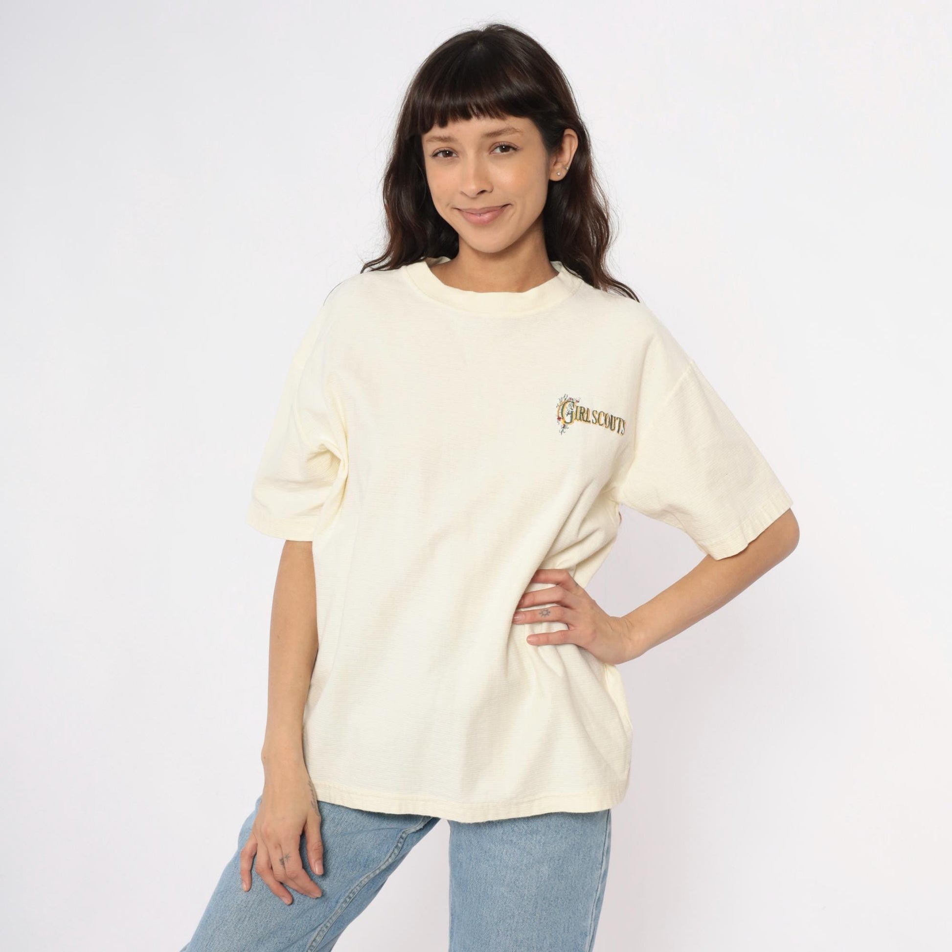 90s Girl Scouts Embroidered Logo Cotton Tee Cream Large L