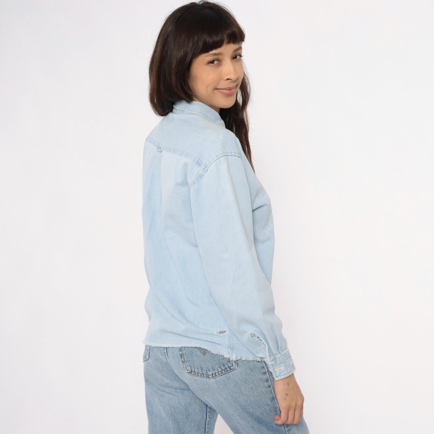 90s LL Bean Chambray Shirt Floral Embroidered Light Blue Cotton Small