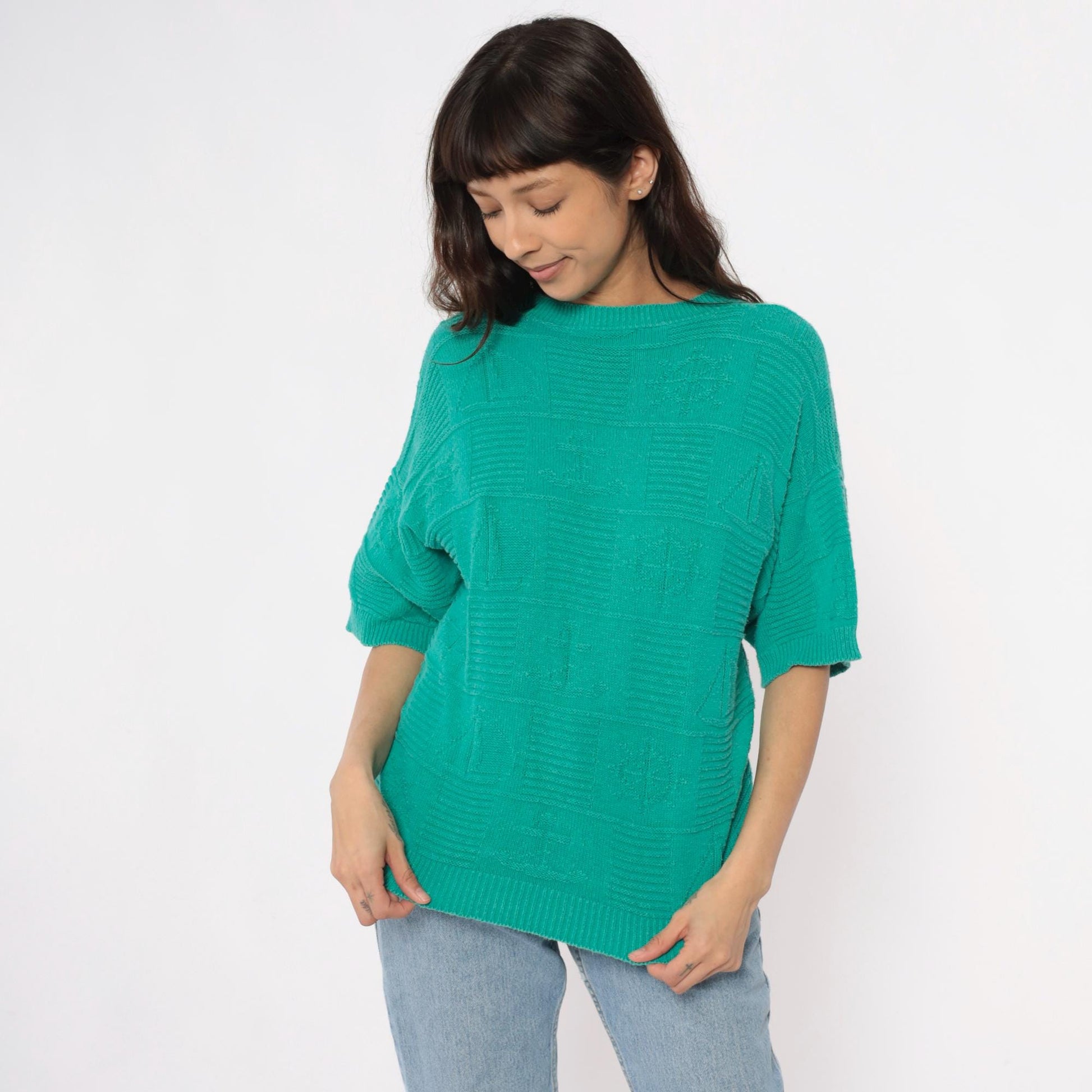 80s Turquoise Knit Sweater Short Sleeve Crew Neck Geometric Pattern Large L