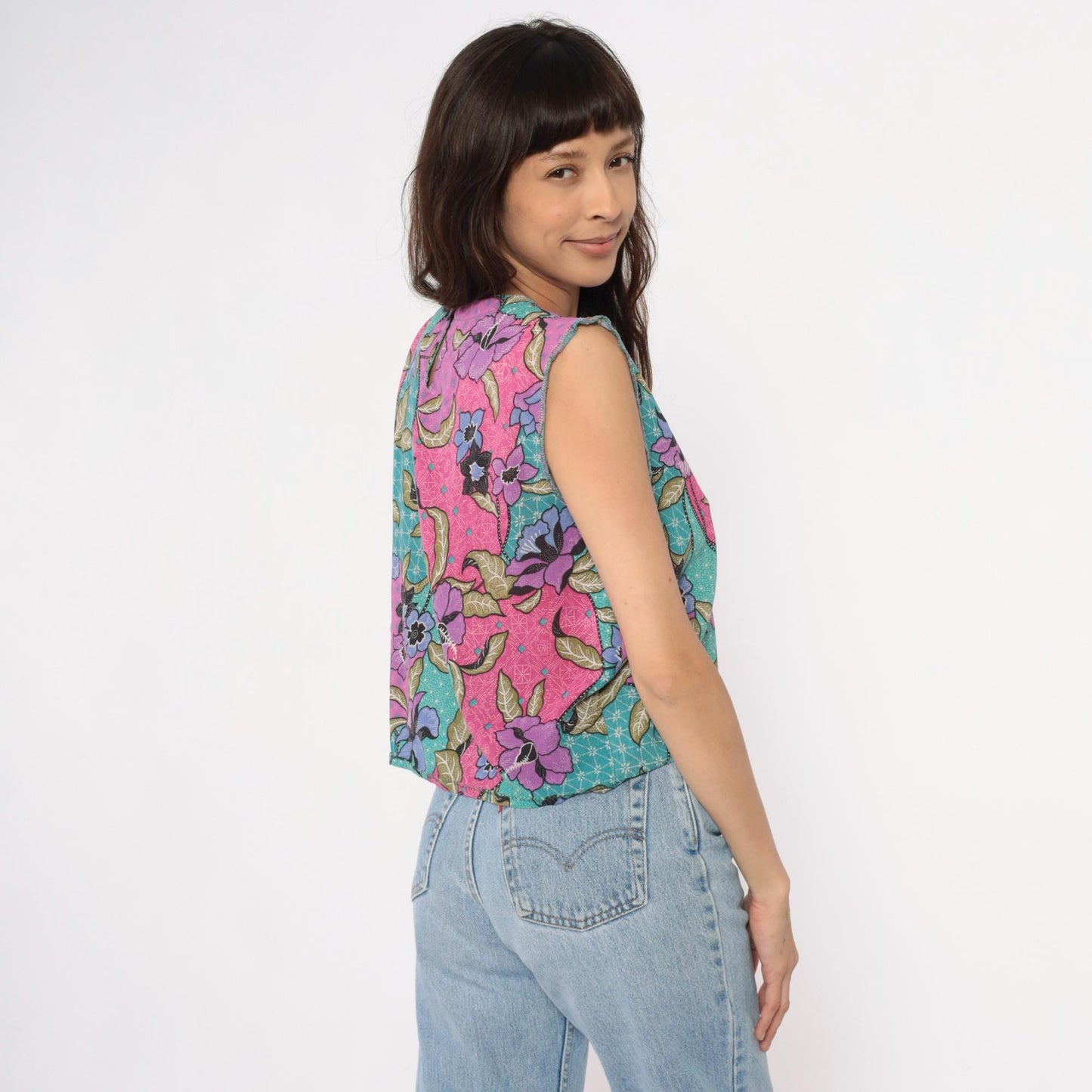 90s Floral Patchwork Tank Top Pink Purple Teal Sleeveless Shell Small