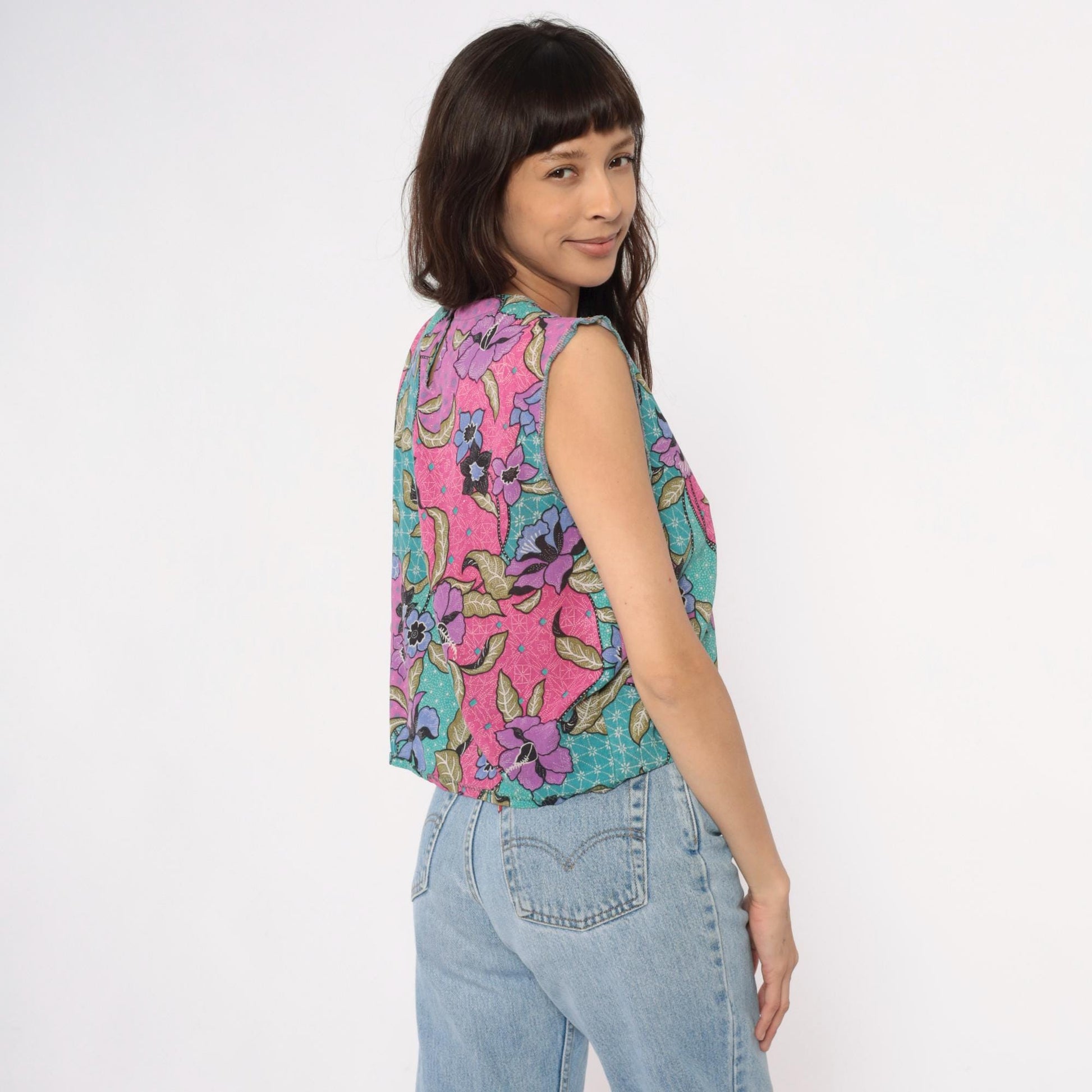 90s Floral Patchwork Tank Top Pink Purple Teal Sleeveless Shell Small
