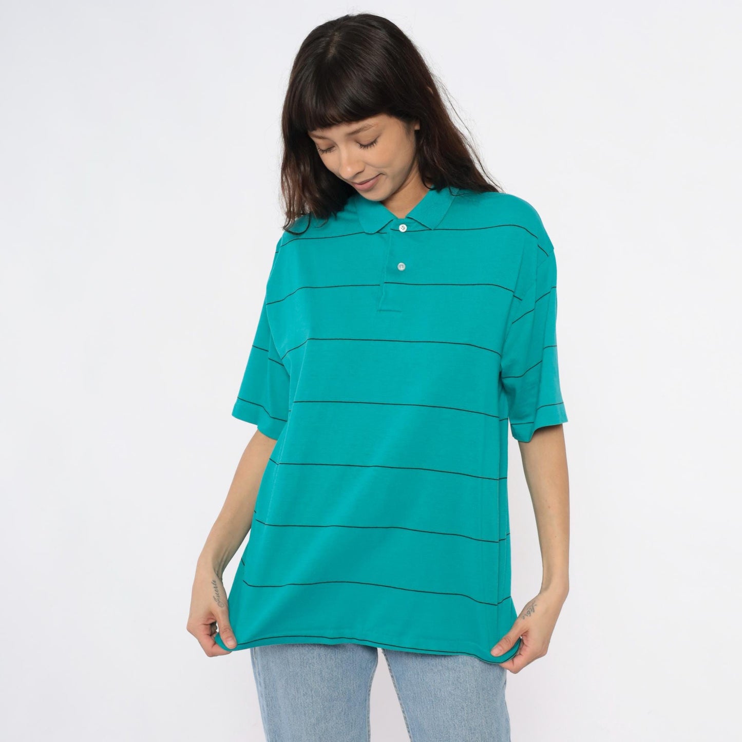 80s Chesterfield Teal Striped Polo Shirt Black Lines Cotton Large L