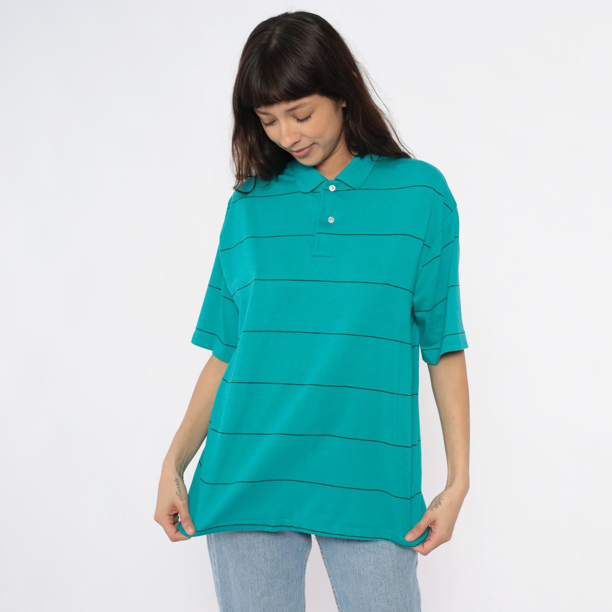 80s Chesterfield Teal Striped Polo Shirt Black Lines Cotton Large L