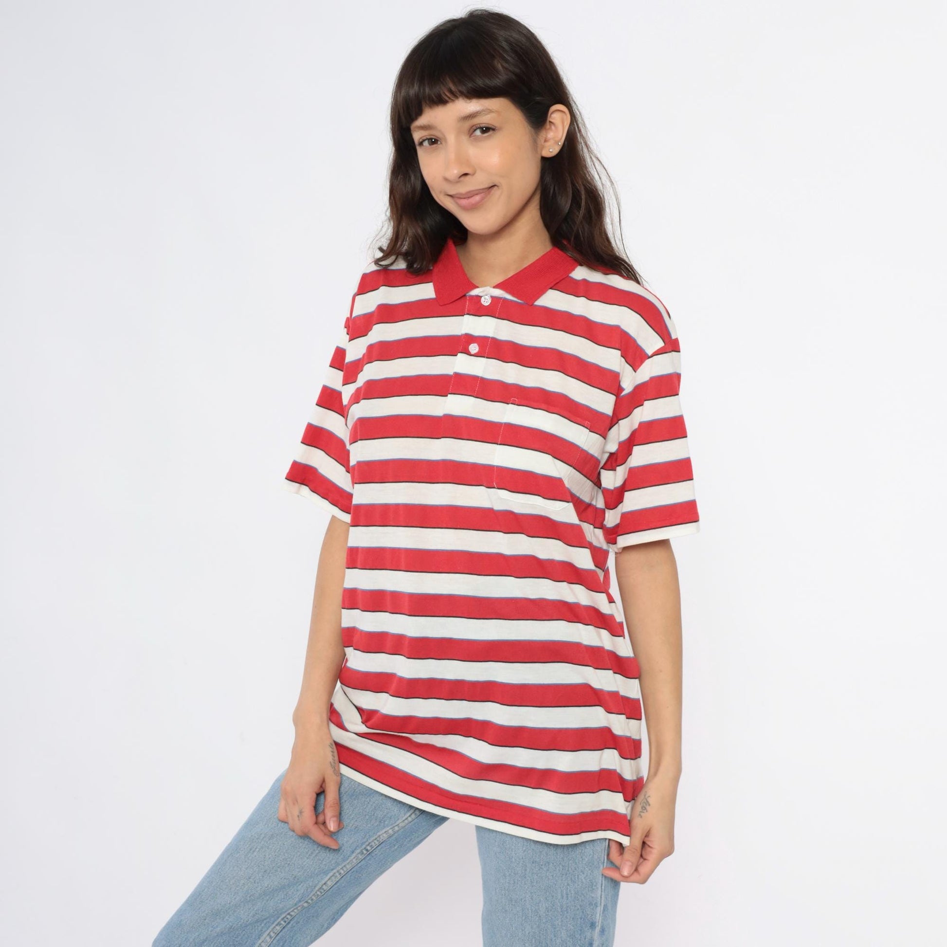 80s Striped Polo Shirt Red Cream Blue Horizontal Stripes Short Sleeve Extra Large XL