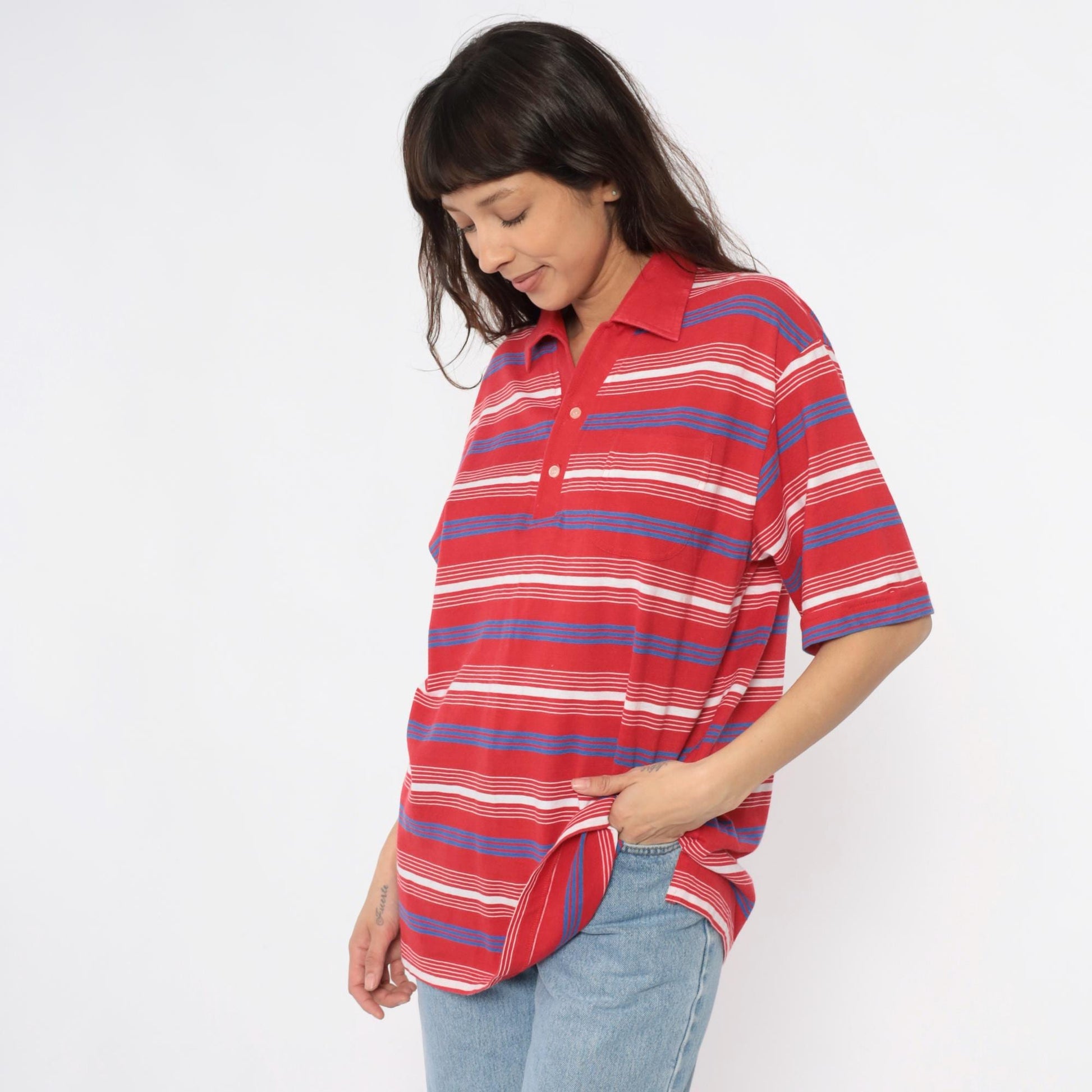 80s Red Striped Polo Shirt White Blue Horizontal Stripes Collared Extra Large XL