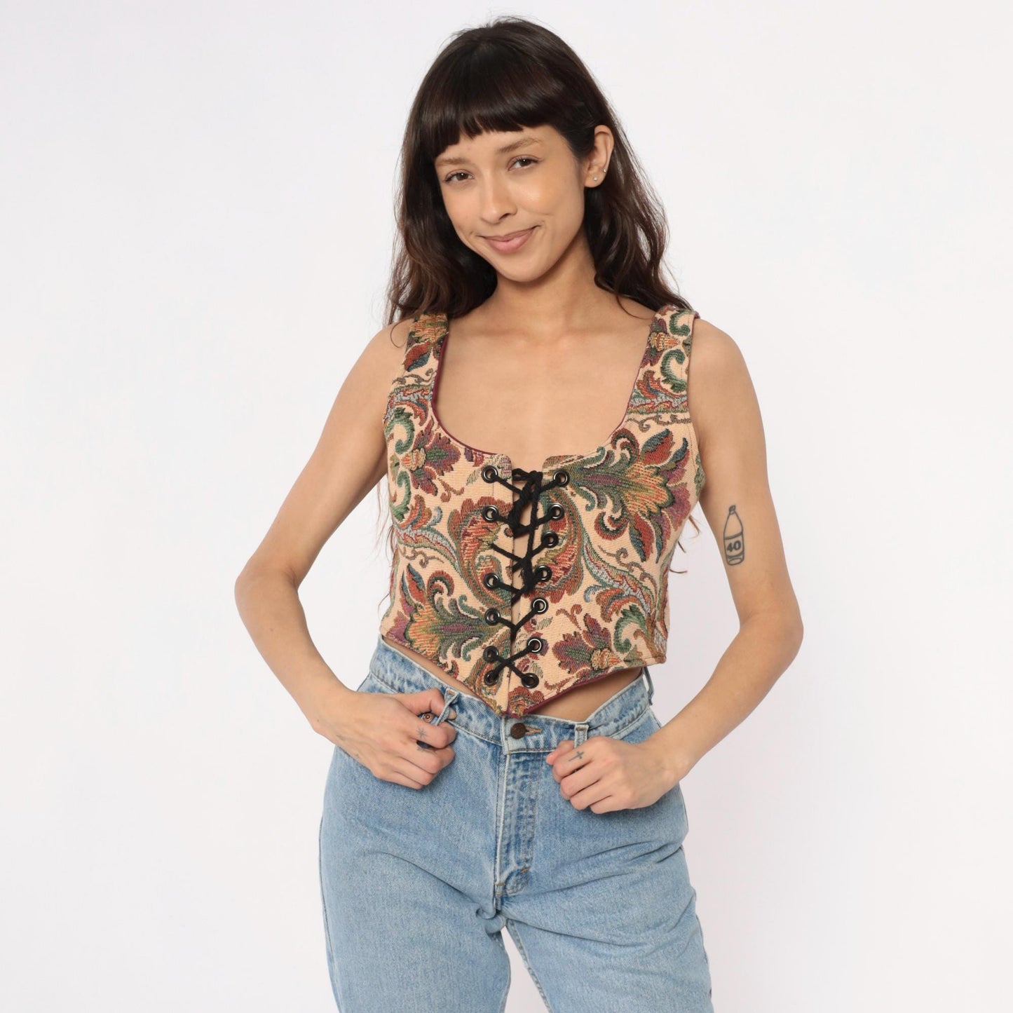 90s B Coole Designs Tapestry Lace-Up Vest Paisley Green Beige Small