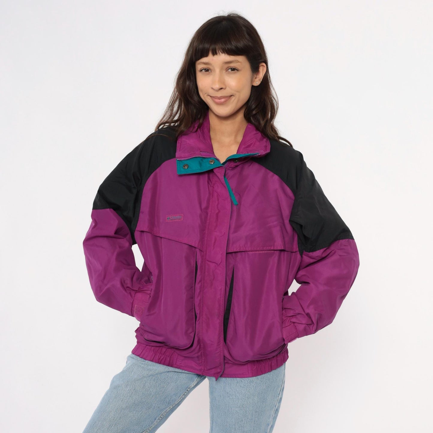 90s Columbia Magenta Windbreaker Colorblock Jacket Teal Trim Large L