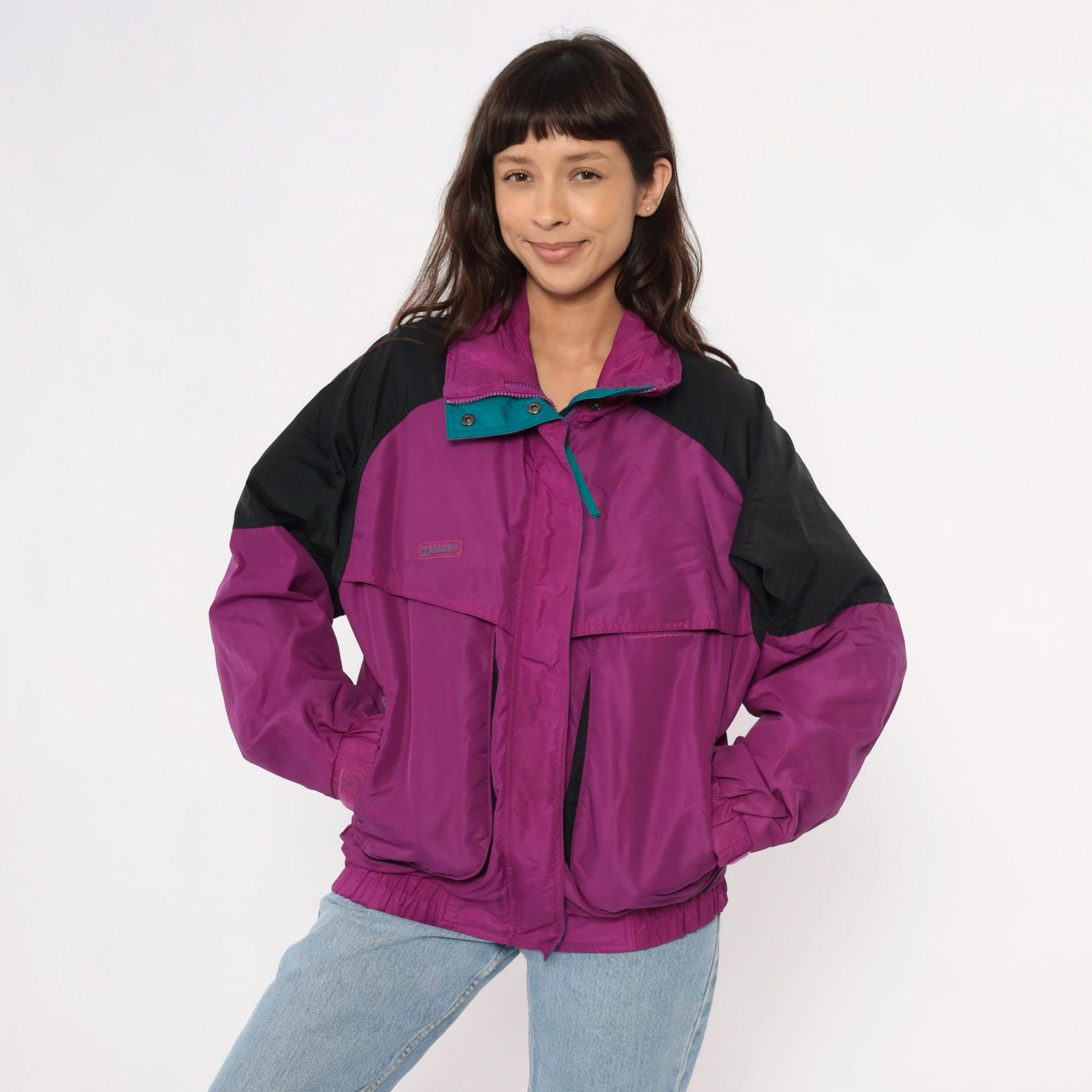 90s Columbia Magenta Windbreaker Colorblock Jacket Teal Trim Large L
