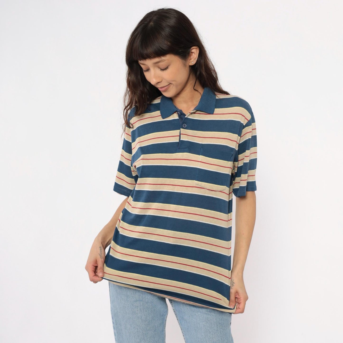 80s Striped Polo Shirt Navy Cream Red Horizontal Stripes Unisex Large