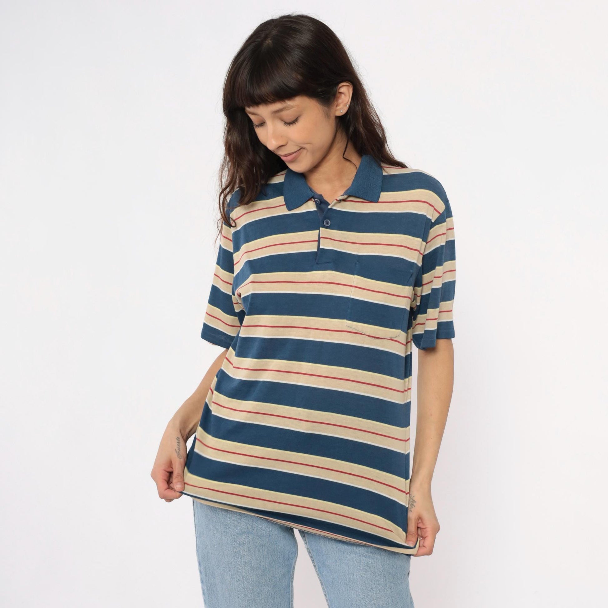 80s Striped Polo Shirt Navy Cream Red Horizontal Stripes Unisex Large
